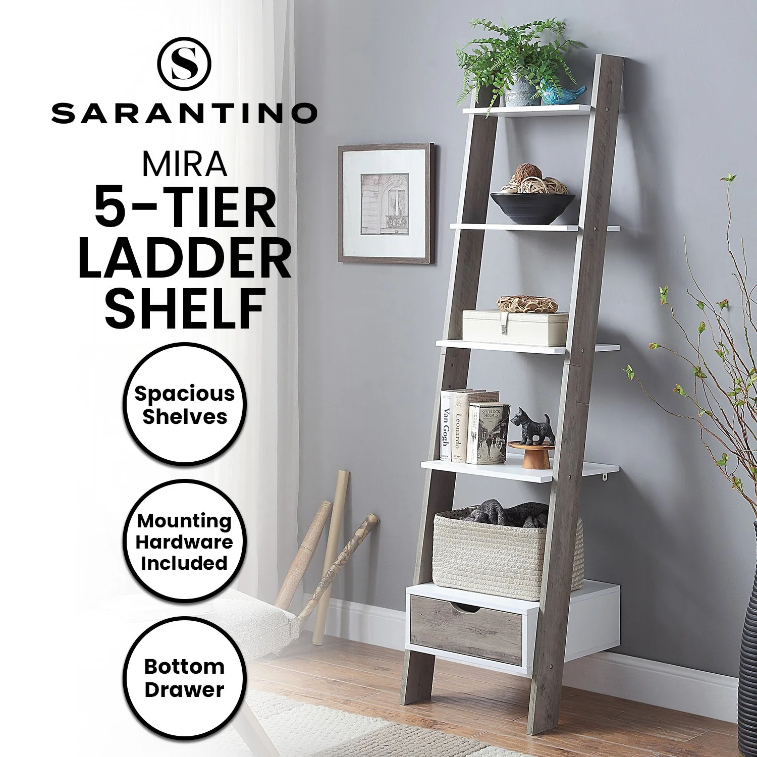 Sarantino Mira 5-tier Ladder Shelf In White And Grey Oak - Image 11