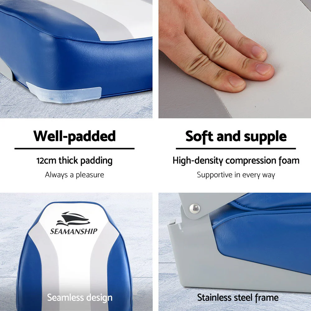 Seamanship 2X Folding Boat Seats Marine Seat Swivel High Back 12cm Padding Blue - Image 6