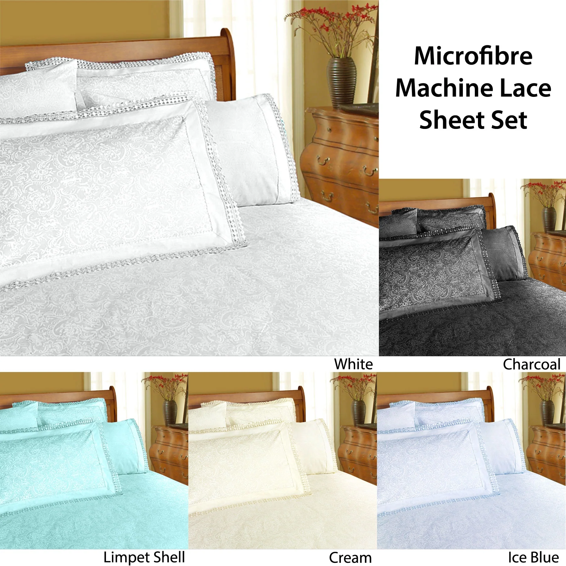 Shangri La Microfibre Machine Lace Sheet Set White King - Image 2