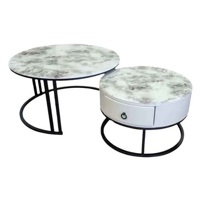 Snowy Mountain Faux Modern Marble Slate Nesting Coffee Table Set Leather Wrapped Wood Drawers - Image 2