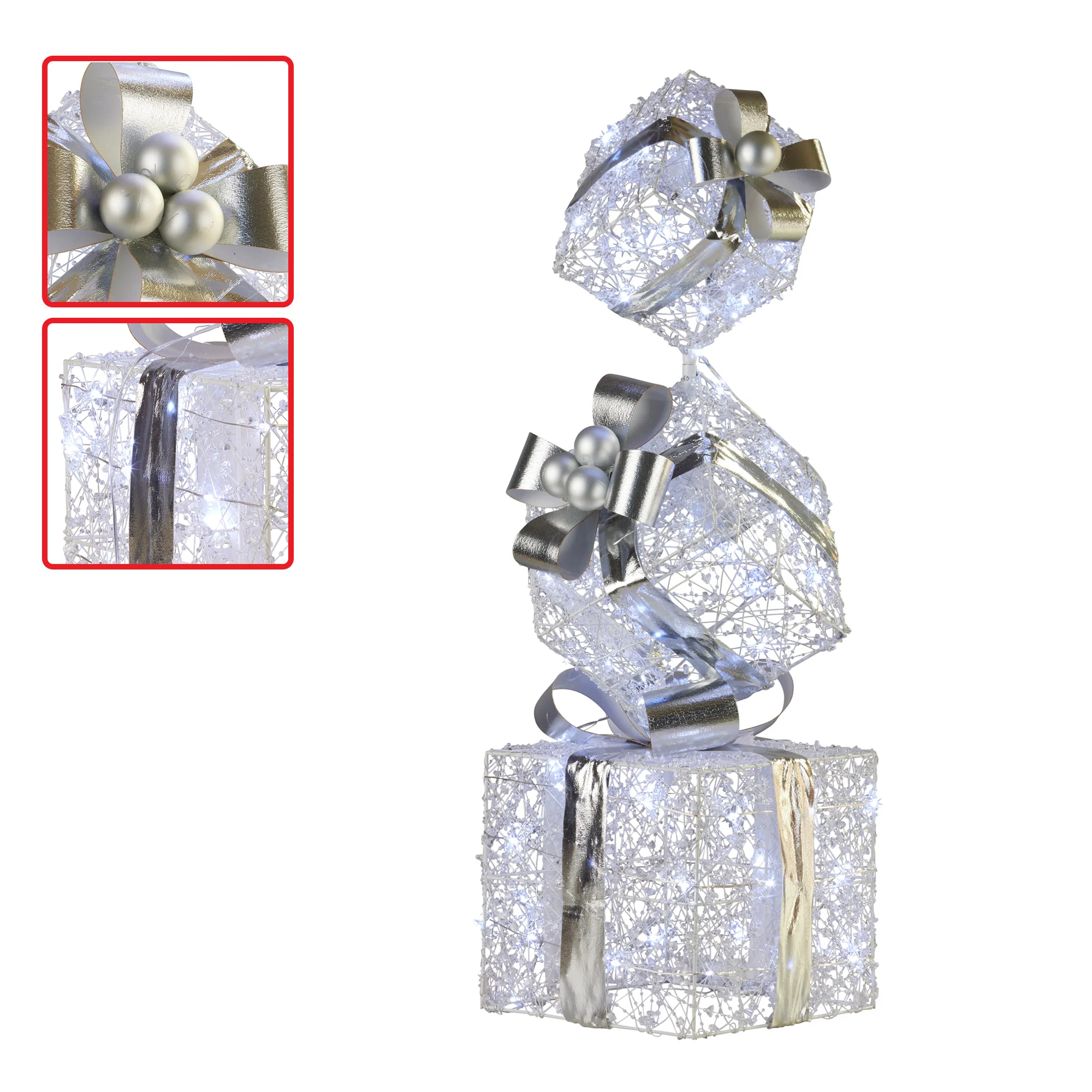 Swishmas 83cm Triple Christmas Silver Giftbox Stack Display with Lights - Image 5