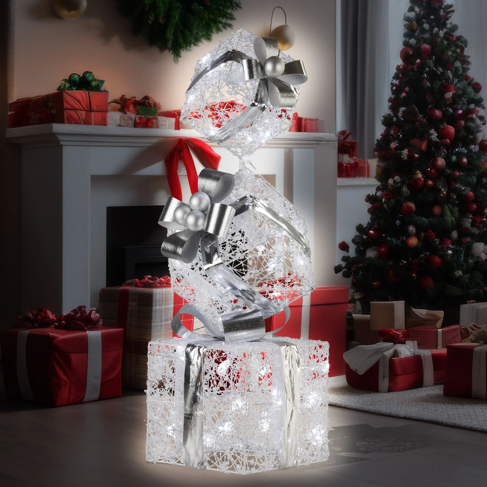 Swishmas 83cm Triple Christmas Silver Giftbox Stack Display with Lights - Image 7