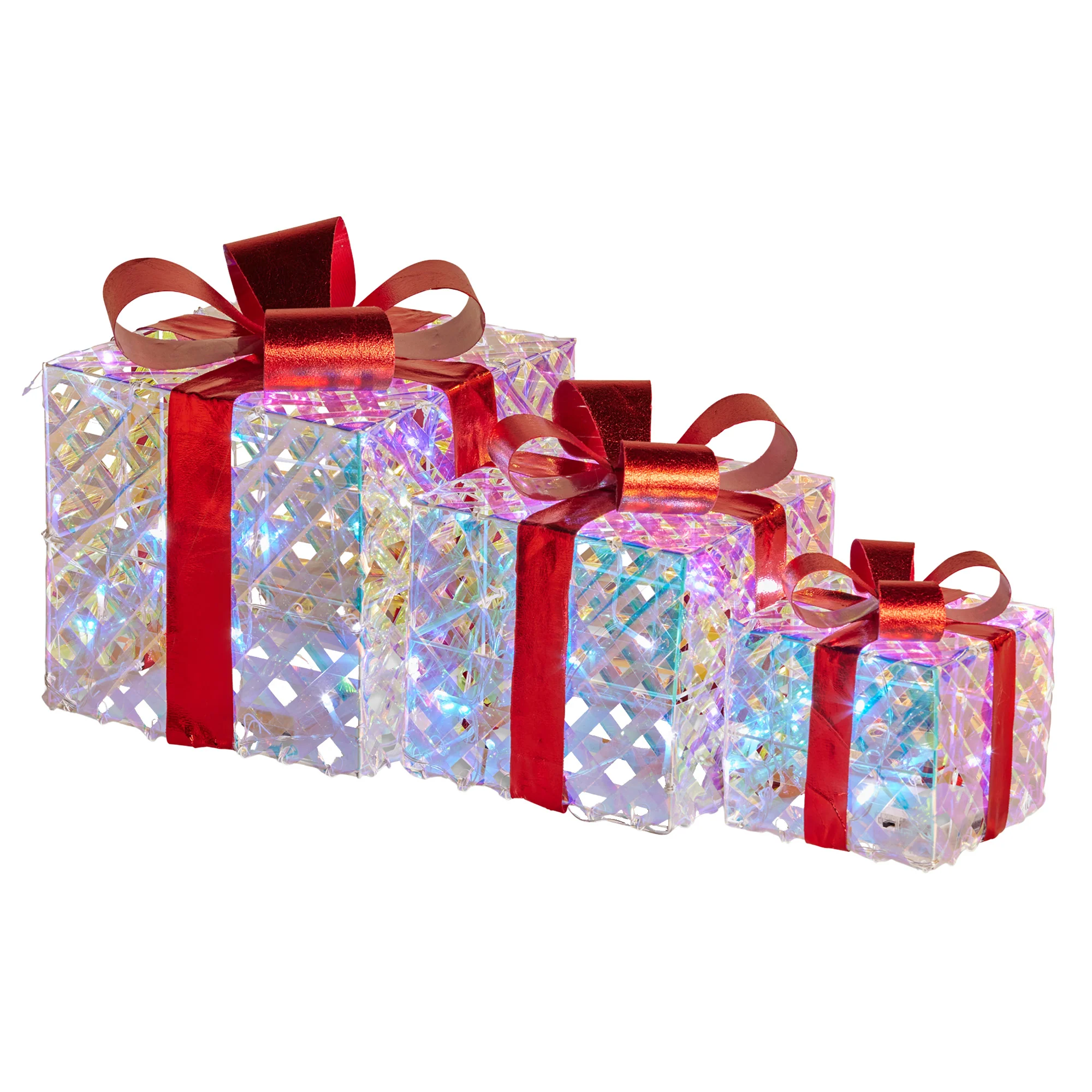 Swishmas Set of 3 Christmas Gift Boxes With Lights - Clear Shimmer With Red Bows - Image 2