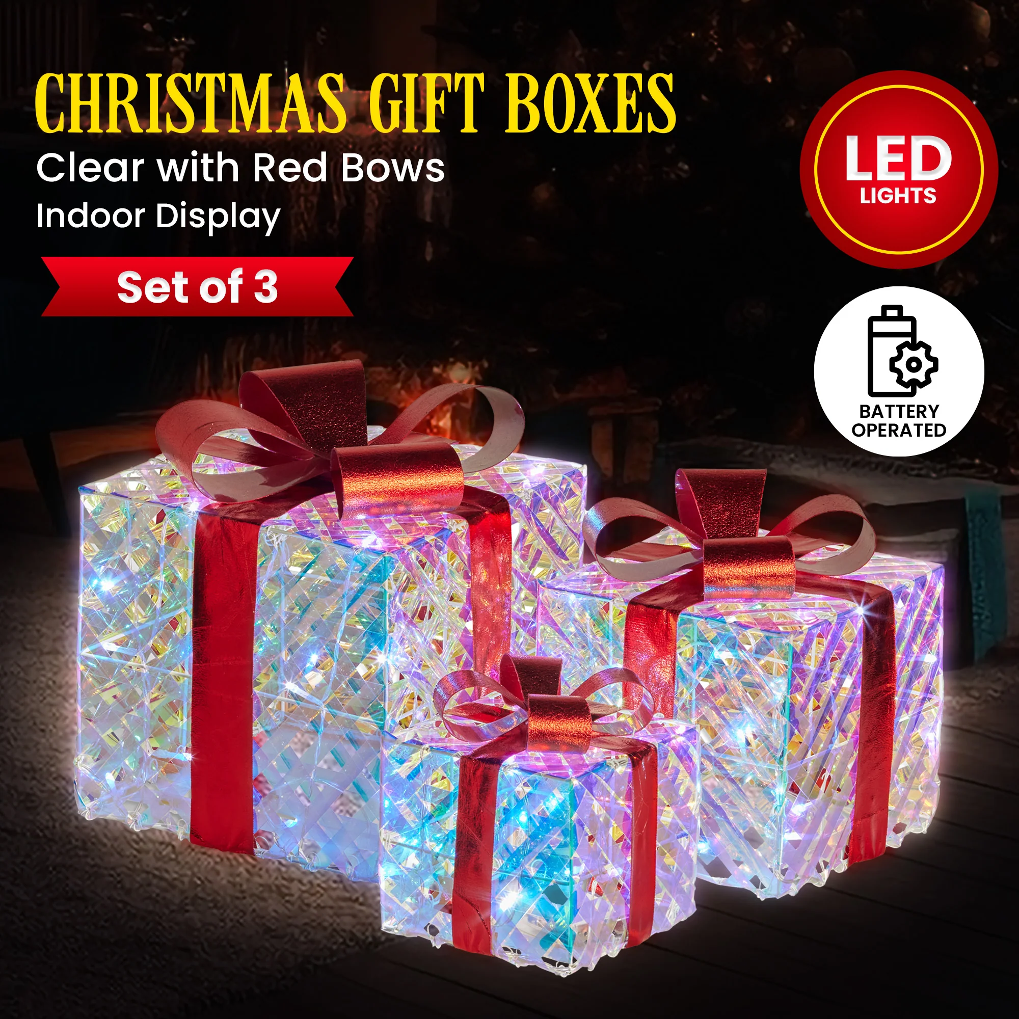 Swishmas Set of 3 Christmas Gift Boxes With Lights - Clear Shimmer With Red Bows - Image 3