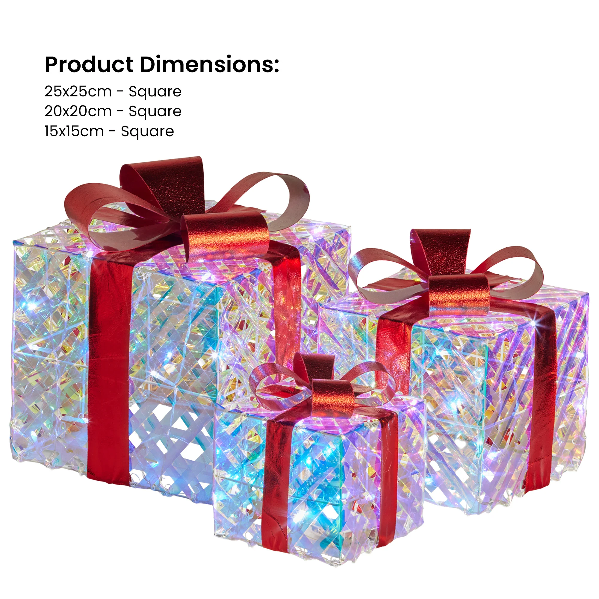 Swishmas Set of 3 Christmas Gift Boxes With Lights - Clear Shimmer With Red Bows - Image 4