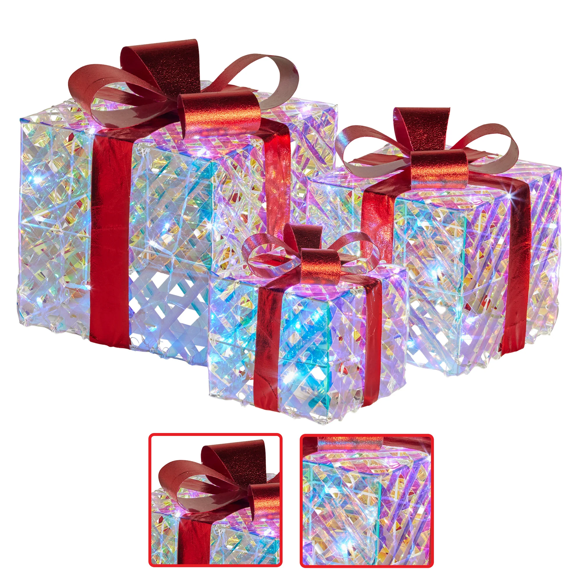 Swishmas Set of 3 Christmas Gift Boxes With Lights - Clear Shimmer With Red Bows - Image 5