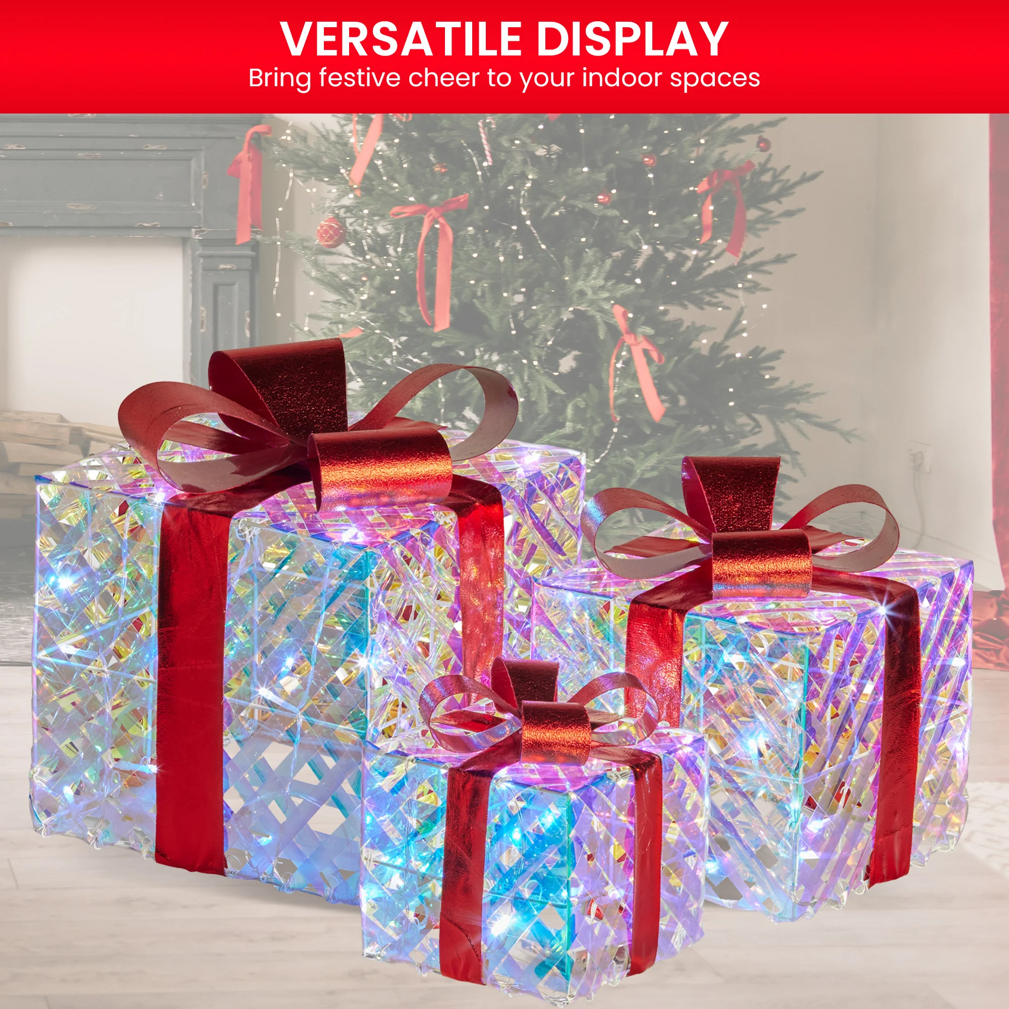 Swishmas Set of 3 Christmas Gift Boxes With Lights - Clear Shimmer With Red Bows - Image 6