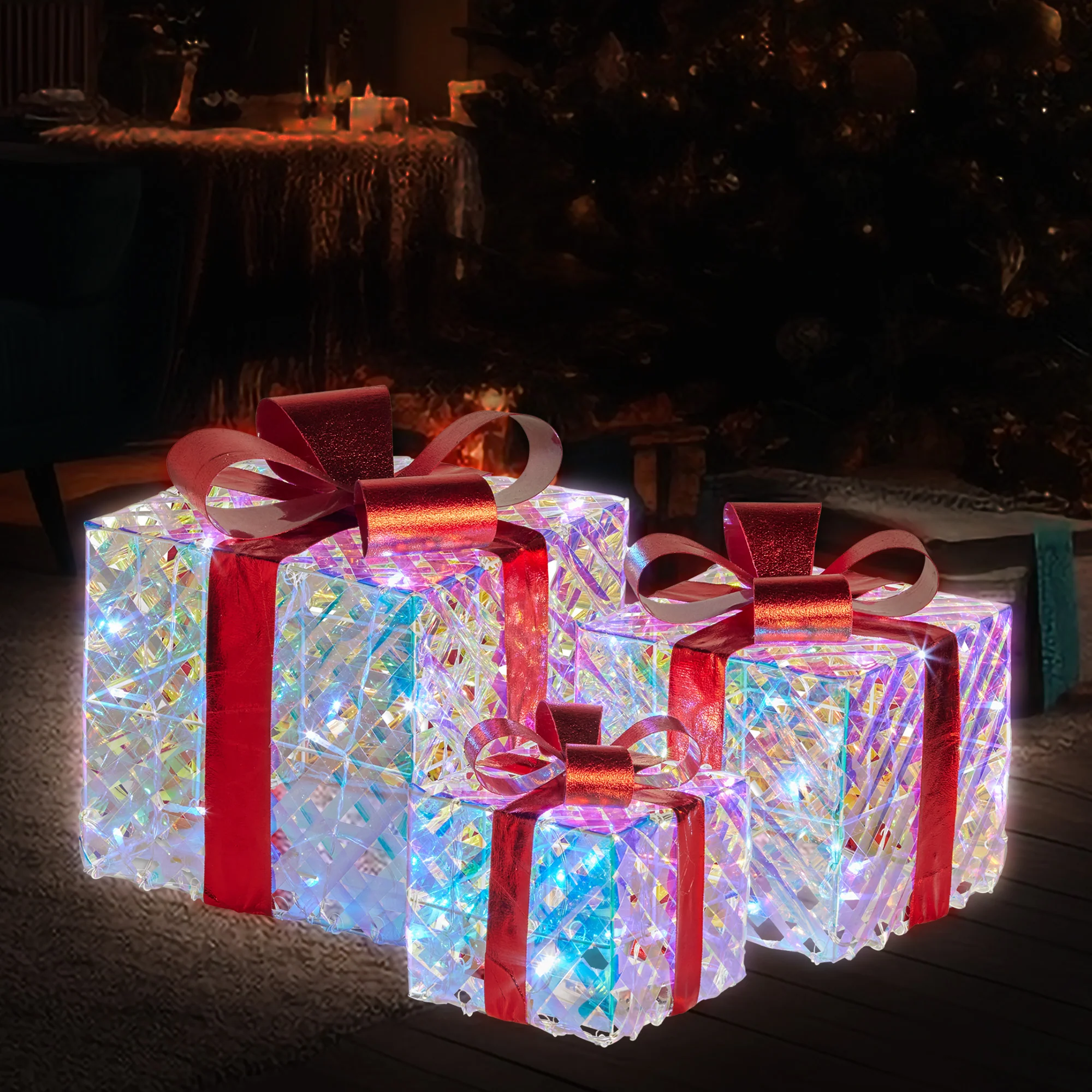 Swishmas Set of 3 Christmas Gift Boxes With Lights - Clear Shimmer With Red Bows - Image 7