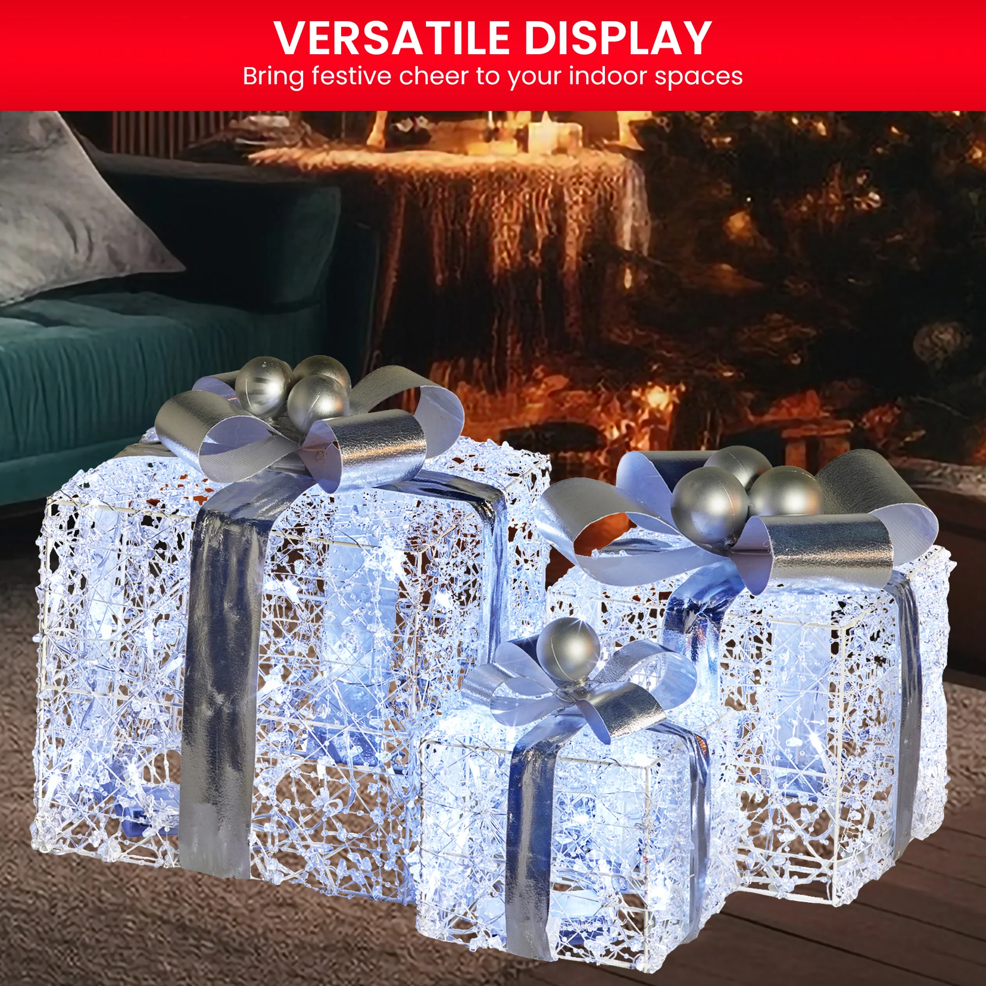 Swishmas Set Of 3 Christmas Gift Boxes With Lights With Jewelled Wire And Silver Bows - Image 6