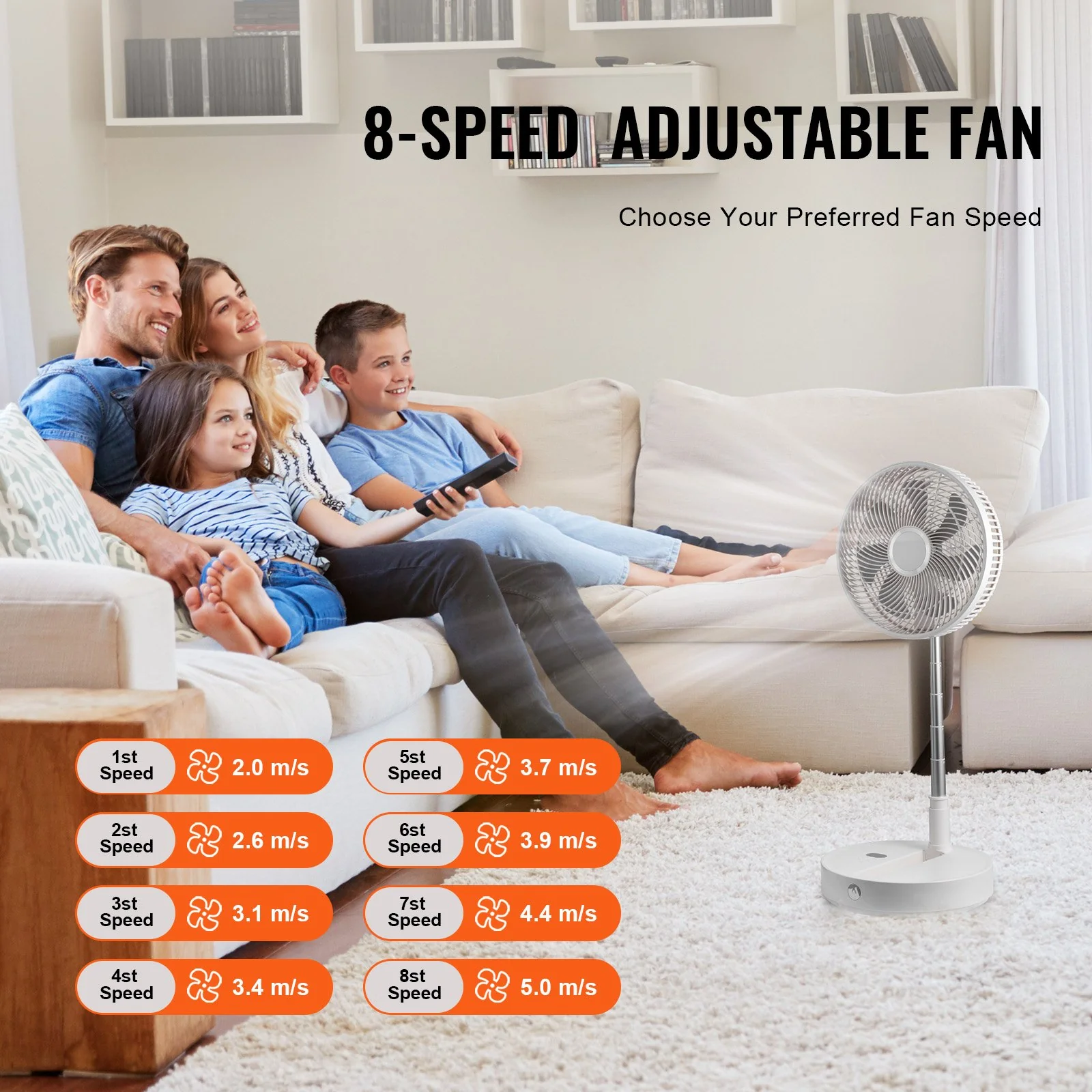 VEVOR 12 Inch Foldable Oscillating Standing Fan with Remote Control, 4 Speed Adjustable Portable Desk Quiet Fan, 7200mah Rechargeable USB Small Fan, Folded Rotating Floor Fan for Bedroom Office Travel - Image 3