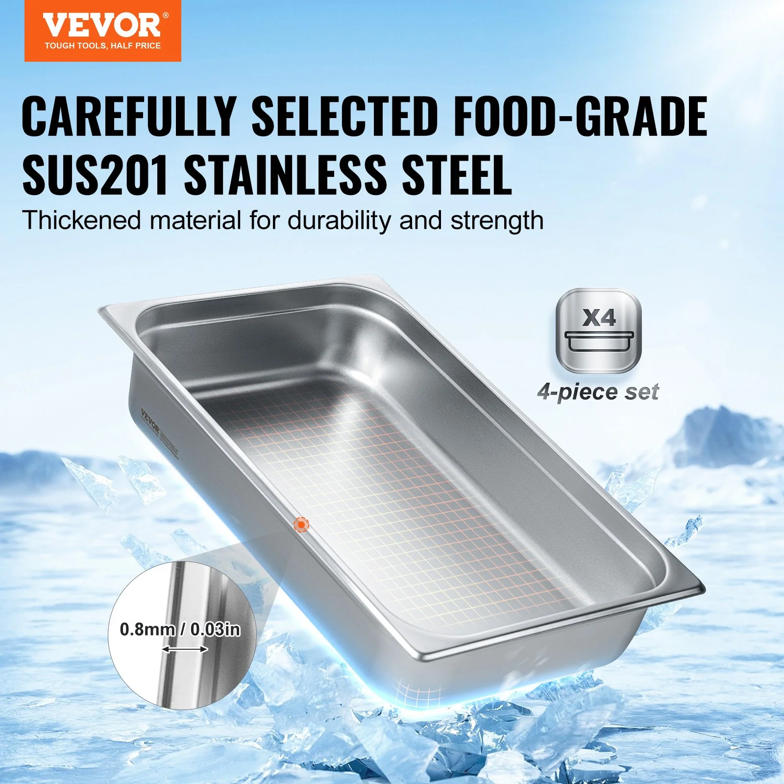 VEVOR 4 Pack Hotel Pans, Full Size Anti-Jam Steam Pan with Lid, 0.8mm Thick Stainless Steel Steam Table Pan, 4-Inch Deep Commercial Table Pan, Catering Storage Food Pan, for Industrial & Scientific - Image 2