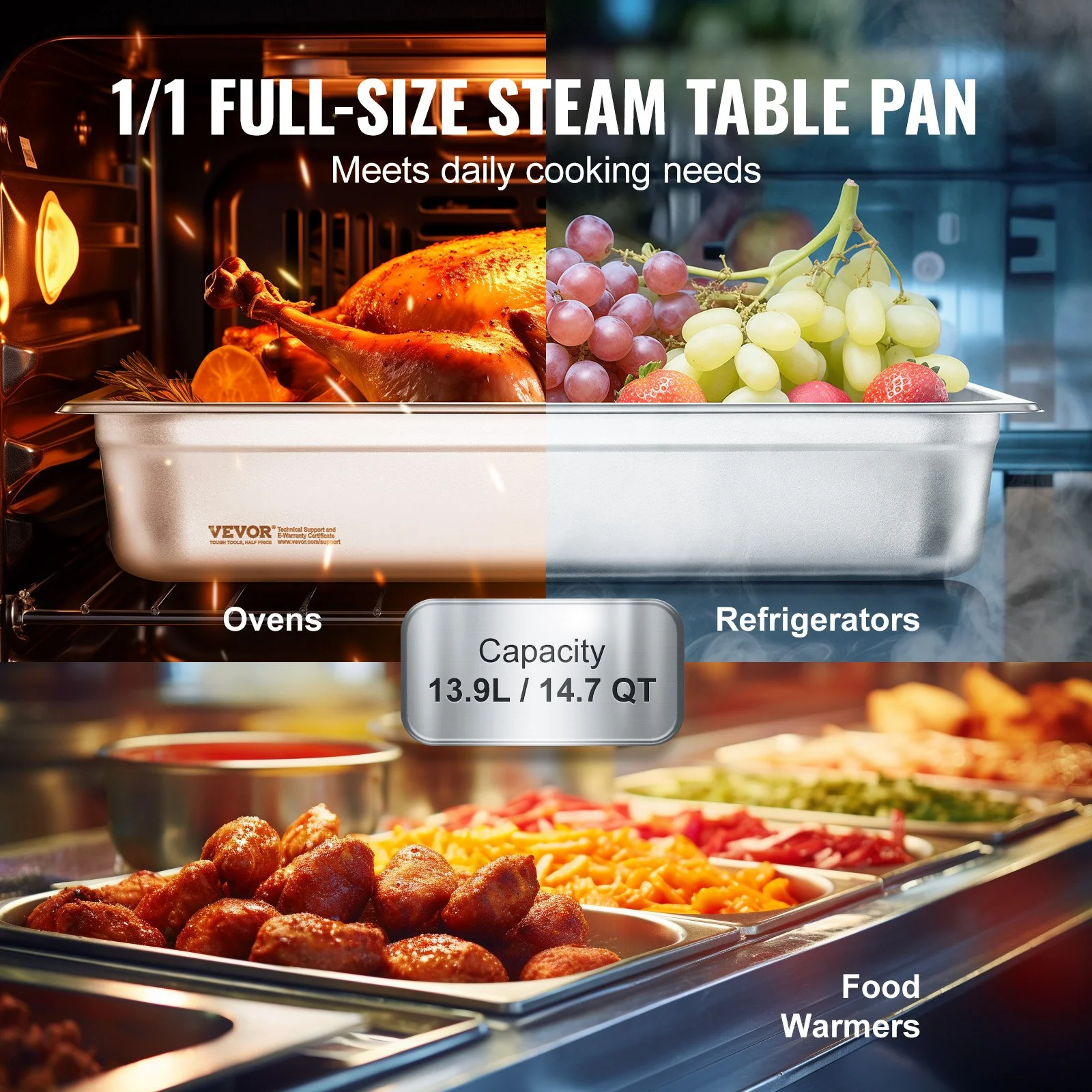 VEVOR 4 Pack Hotel Pans, Full Size Anti-Jam Steam Pan with Lid, 0.8mm Thick Stainless Steel Steam Table Pan, 4-Inch Deep Commercial Table Pan, Catering Storage Food Pan, for Industrial & Scientific - Image 3