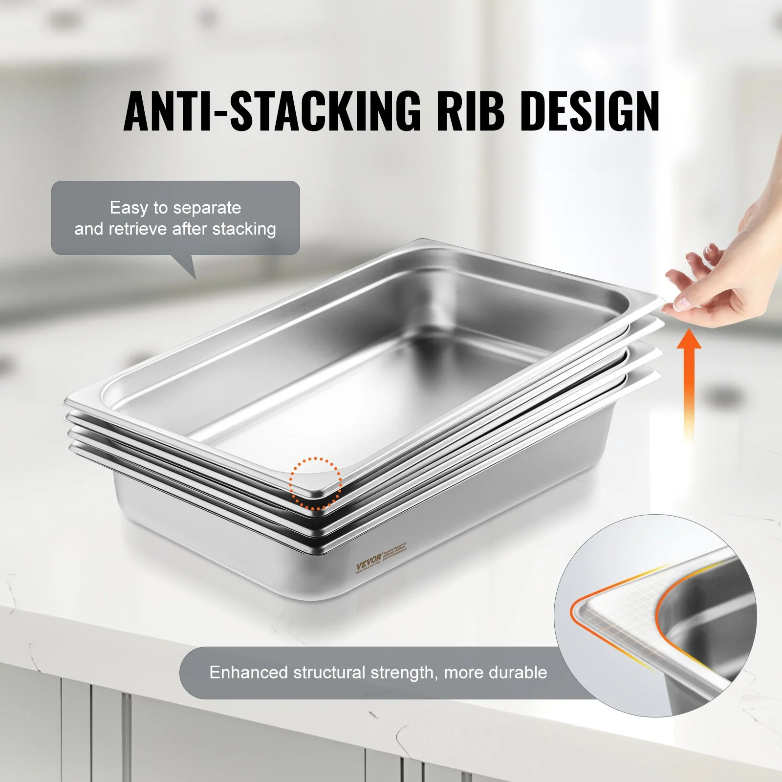 VEVOR 4 Pack Hotel Pans, Full Size Anti-Jam Steam Pan with Lid, 0.8mm Thick Stainless Steel Steam Table Pan, 4-Inch Deep Commercial Table Pan, Catering Storage Food Pan, for Industrial & Scientific - Image 4