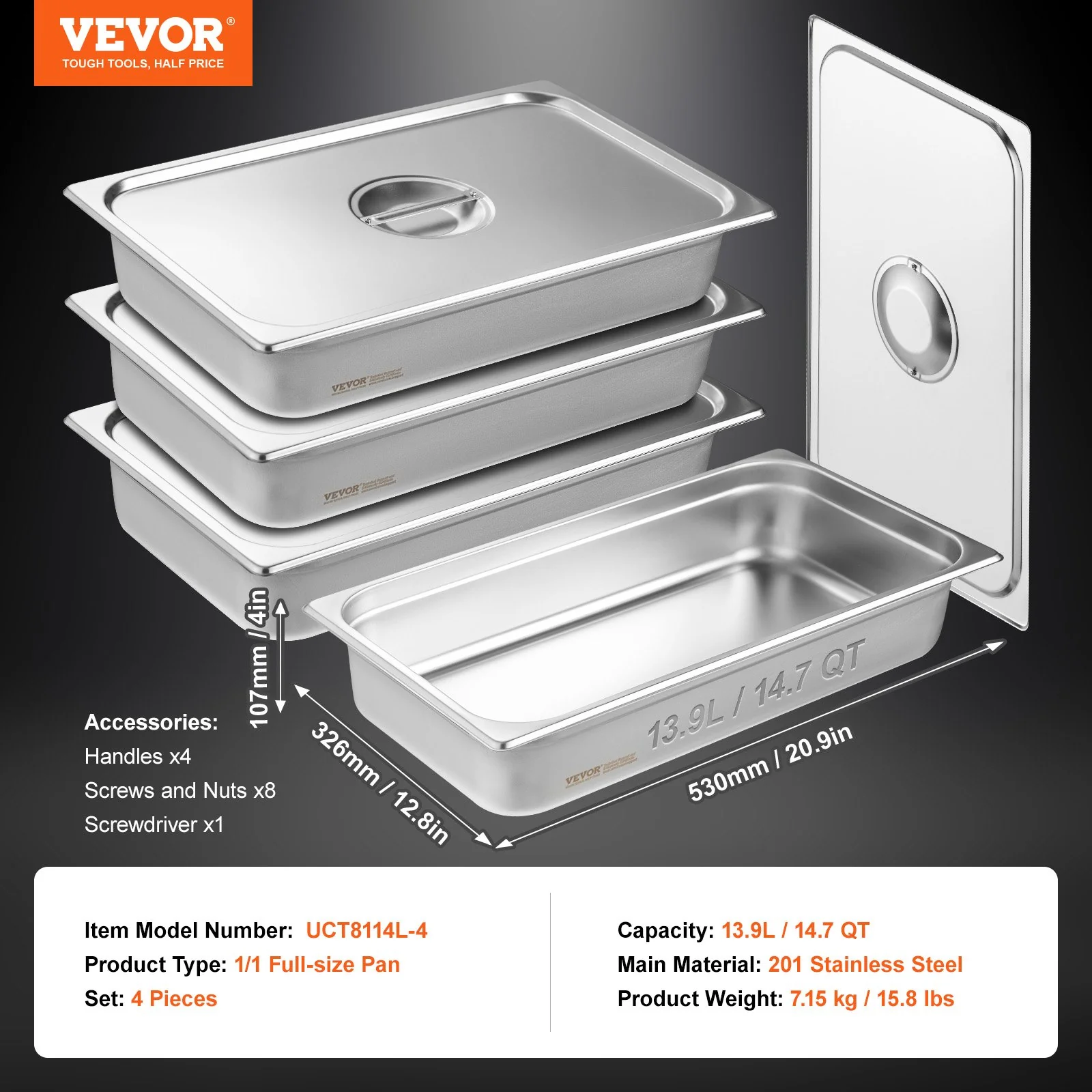 VEVOR 4 Pack Hotel Pans, Full Size Anti-Jam Steam Pan with Lid, 0.8mm Thick Stainless Steel Steam Table Pan, 4-Inch Deep Commercial Table Pan, Catering Storage Food Pan, for Industrial & Scientific - Image 7