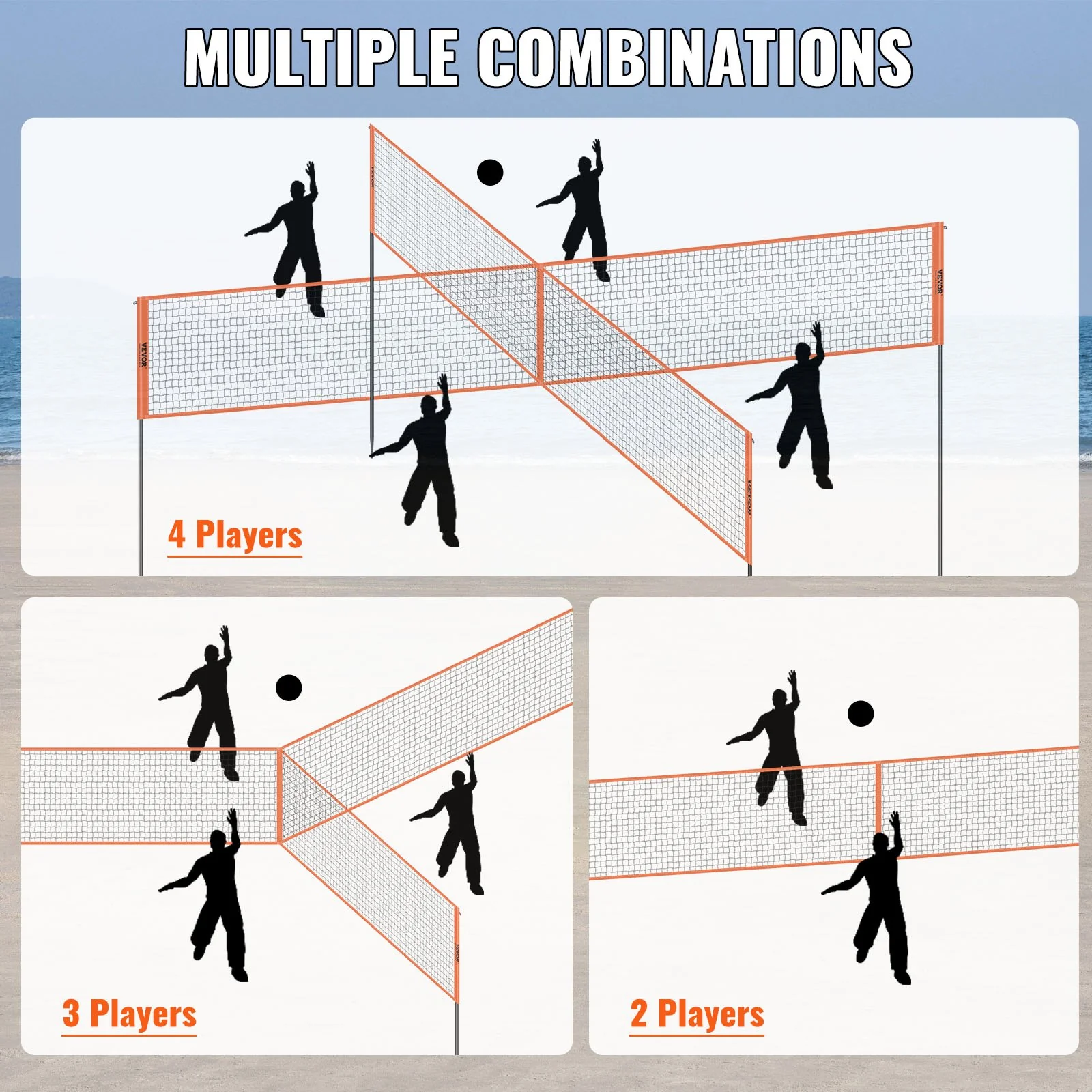 VEVOR 4-Way Volleyball Net, Adjustable Height Badminton Net Set for Backyard Beach Lawn, Outdoor Portable Volleyball Net with Carrying Bag, 4 Square Quick Assemble Game Set For Kids And Adults - Image 3
