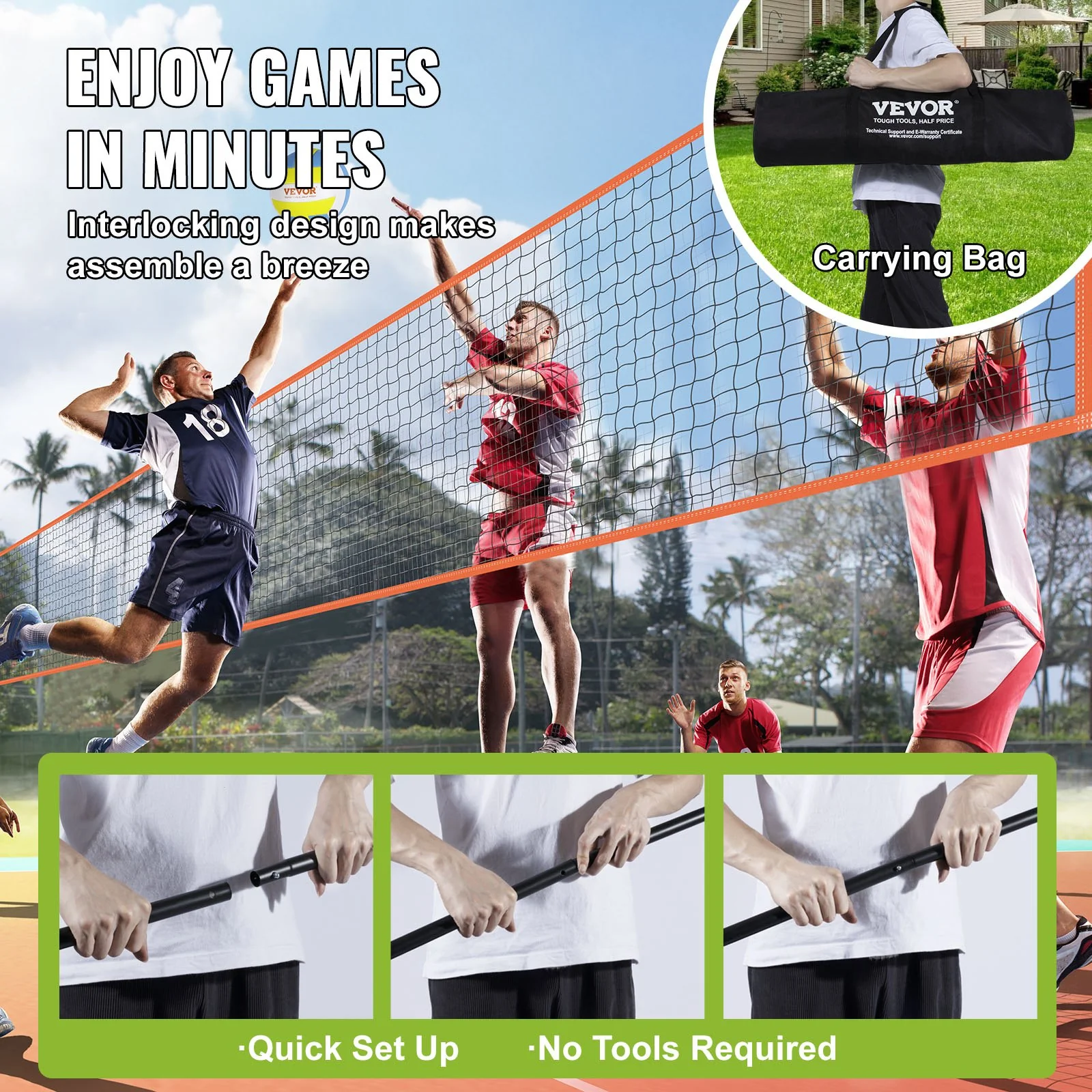 VEVOR 4-Way Volleyball Net, Adjustable Height Badminton Net Set for Backyard Beach Lawn, Outdoor Portable Volleyball Net with Carrying Bag, 4 Square Quick Assemble Game Set For Kids And Adults - Image 6