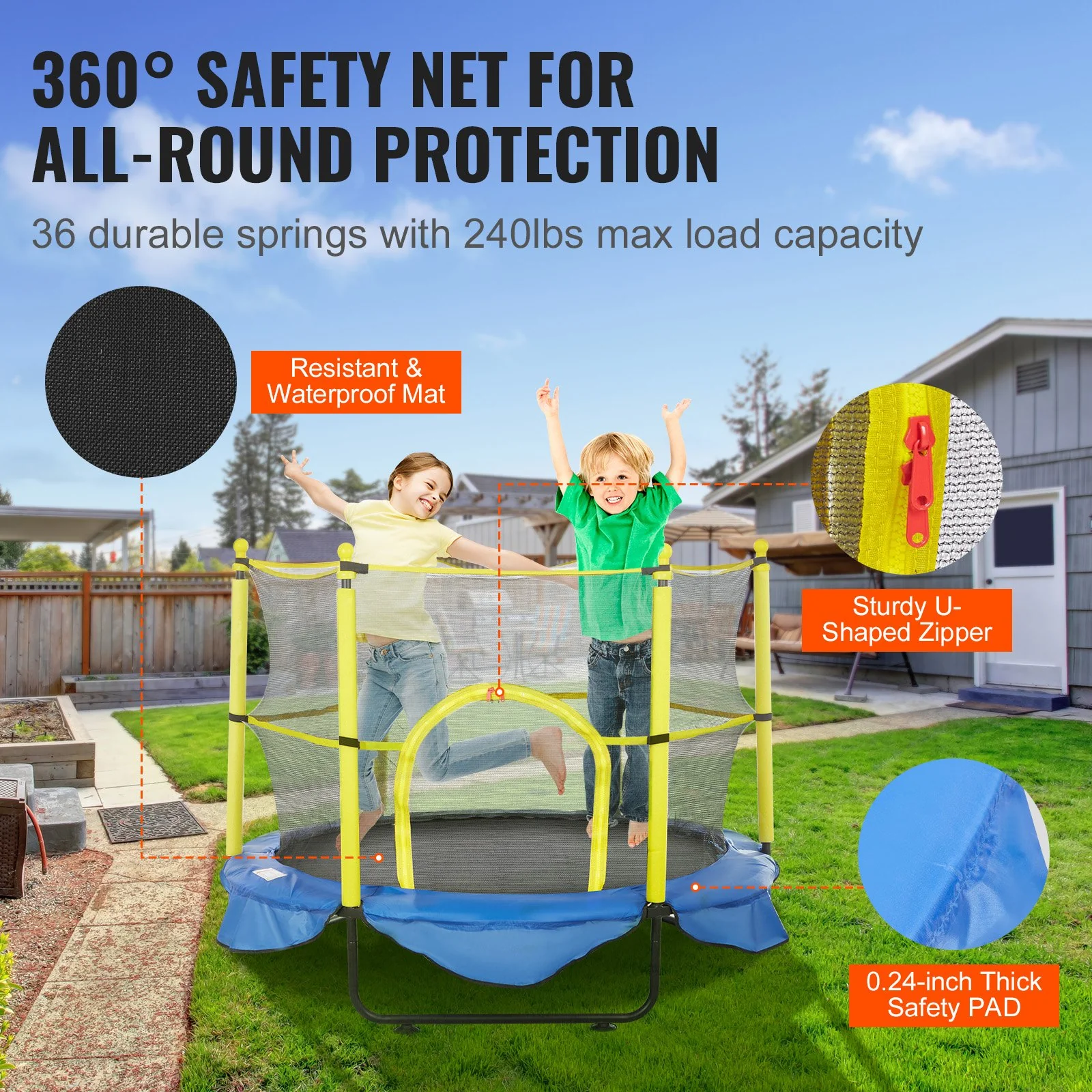 VEVOR 5FT Trampoline for Kids, 60" Indoor Outdoor Trampoline with Safety Enclosure Net, Basketball Hoop and Ocean Balls, Mini Toddler Recreational Trampoline Birthday Gifts for 3+ Years Kids - Image 4