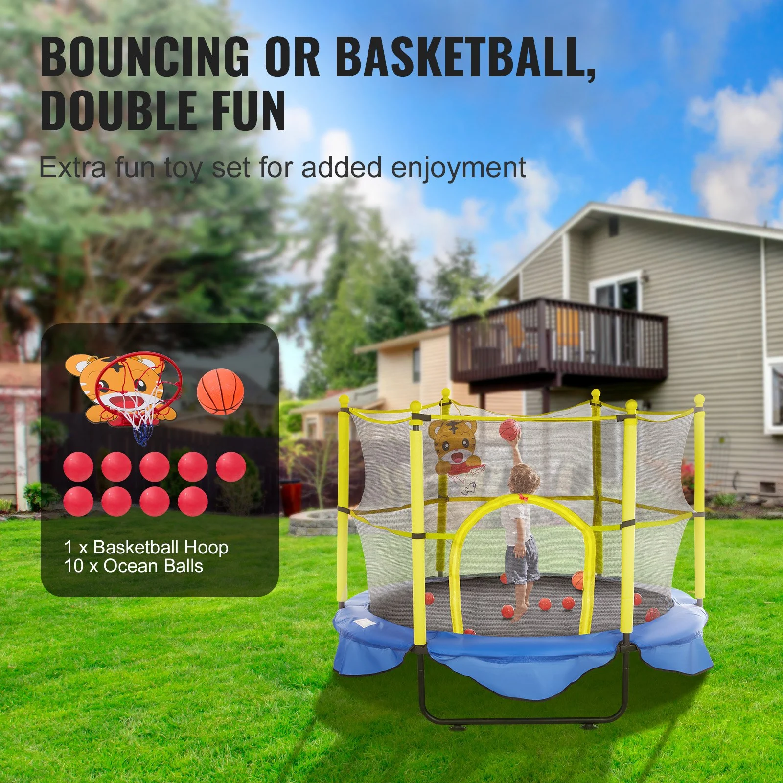 VEVOR 5FT Trampoline for Kids, 60" Indoor Outdoor Trampoline with Safety Enclosure Net, Basketball Hoop and Ocean Balls, Mini Toddler Recreational Trampoline Birthday Gifts for 3+ Years Kids - Image 5