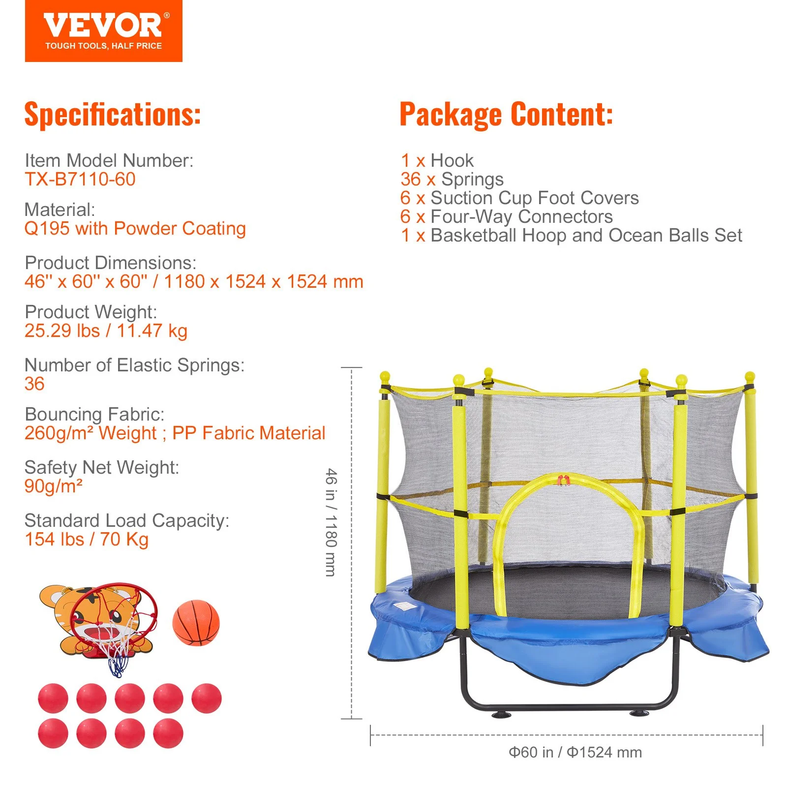 VEVOR 5FT Trampoline for Kids, 60" Indoor Outdoor Trampoline with Safety Enclosure Net, Basketball Hoop and Ocean Balls, Mini Toddler Recreational Trampoline Birthday Gifts for 3+ Years Kids - Image 7