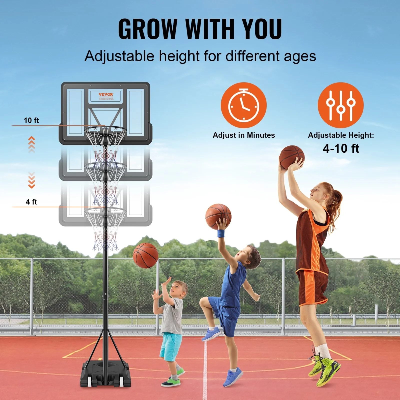VEVOR Basketball Hoop, 4-10 ft Adjustable Height Portable Backboard System, 44 inch Basketball Hoop & Goal, Kids & Adults Basketball Set with Wheels, Stand, and Fillable Base, for Outdoor/Indoor - Image 4