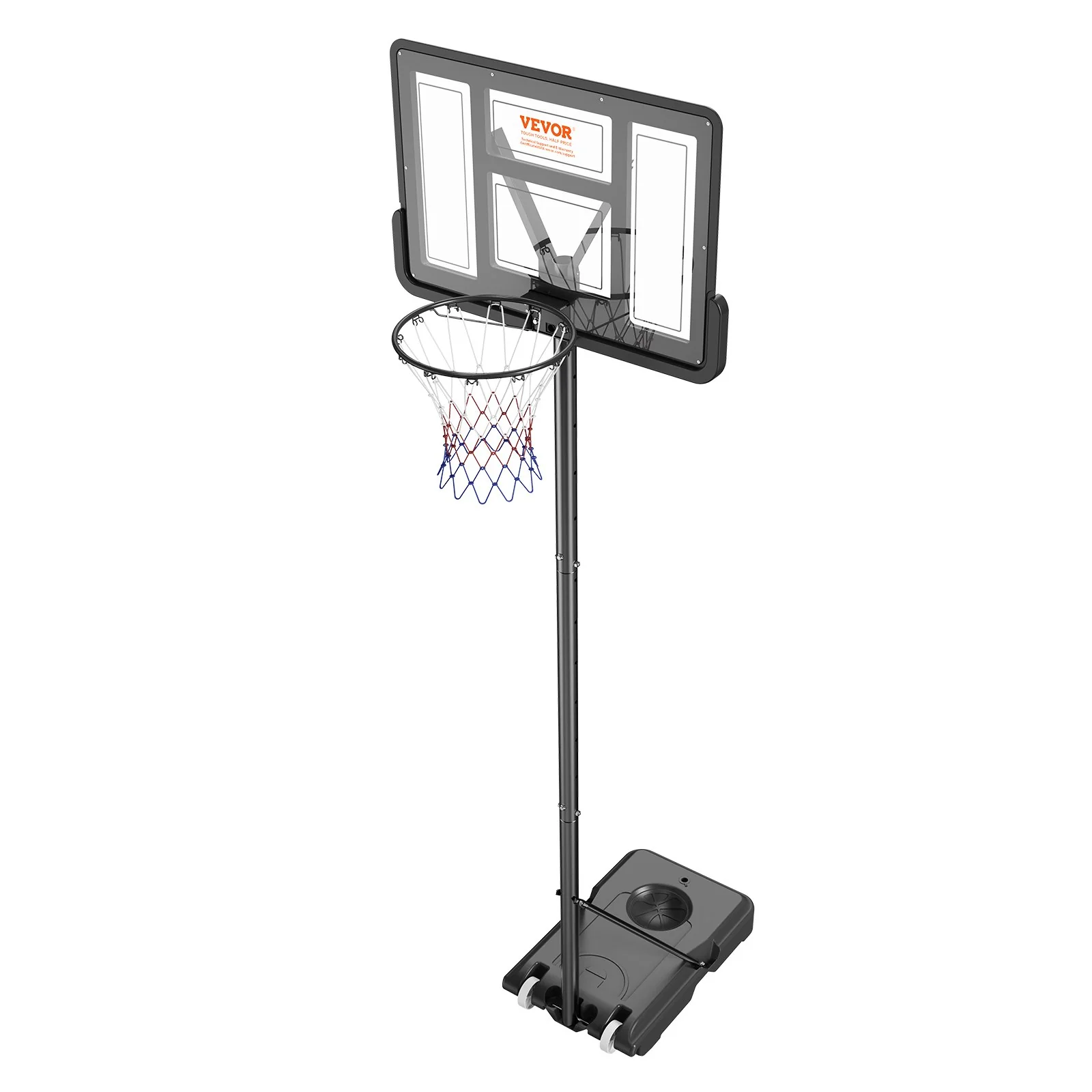 VEVOR Basketball Hoop, 4-10 ft Adjustable Height Portable Backboard System, 44 inch Basketball Hoop & Goal, Kids & Adults Basketball Set with Wheels, Stand, and Fillable Base, for Outdoor/Indoor - Image 9