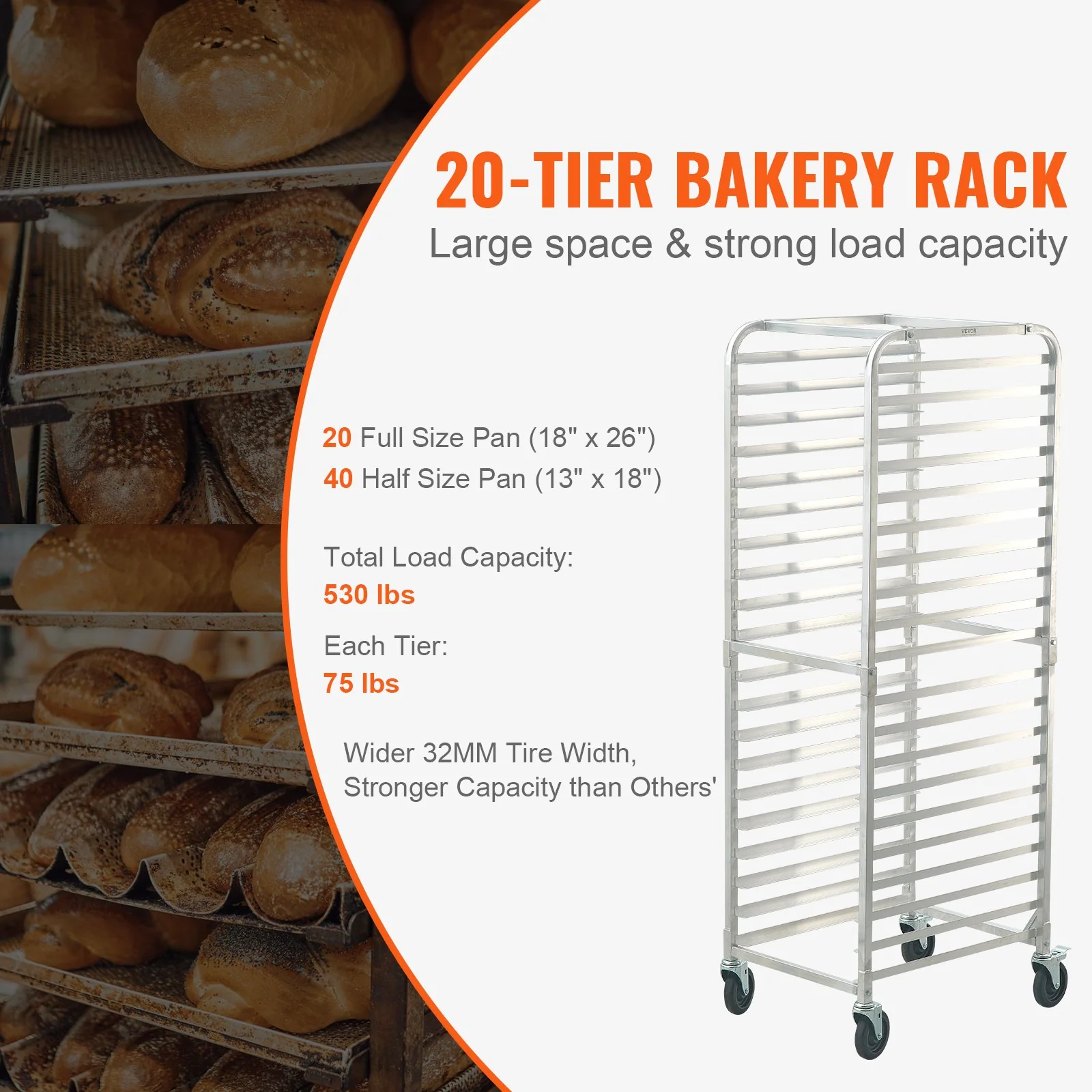 VEVOR Bun Pan Rack, 20-Tier Commercial Bakery Racks with Brake Wheels, Aluminum Racking Trolley Storage for Half & Full Sheet, Speed Rack For Kitchen Home, Bread Baking Equipment, 660x517x1767 mm - Image 3