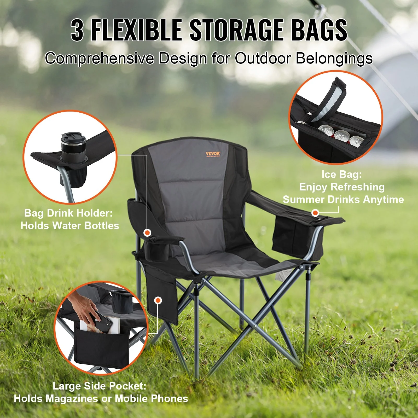 VEVOR Camping Folding Chair for Adults, Portable Heavy Duty Outdoor Quad Lumbar Back Padded Arm Chairs with Side Pockets, Cup Holder and Cooler Bag for Beach, Lawn, Picnic, Fishing, Backpacking, Black - Image 5