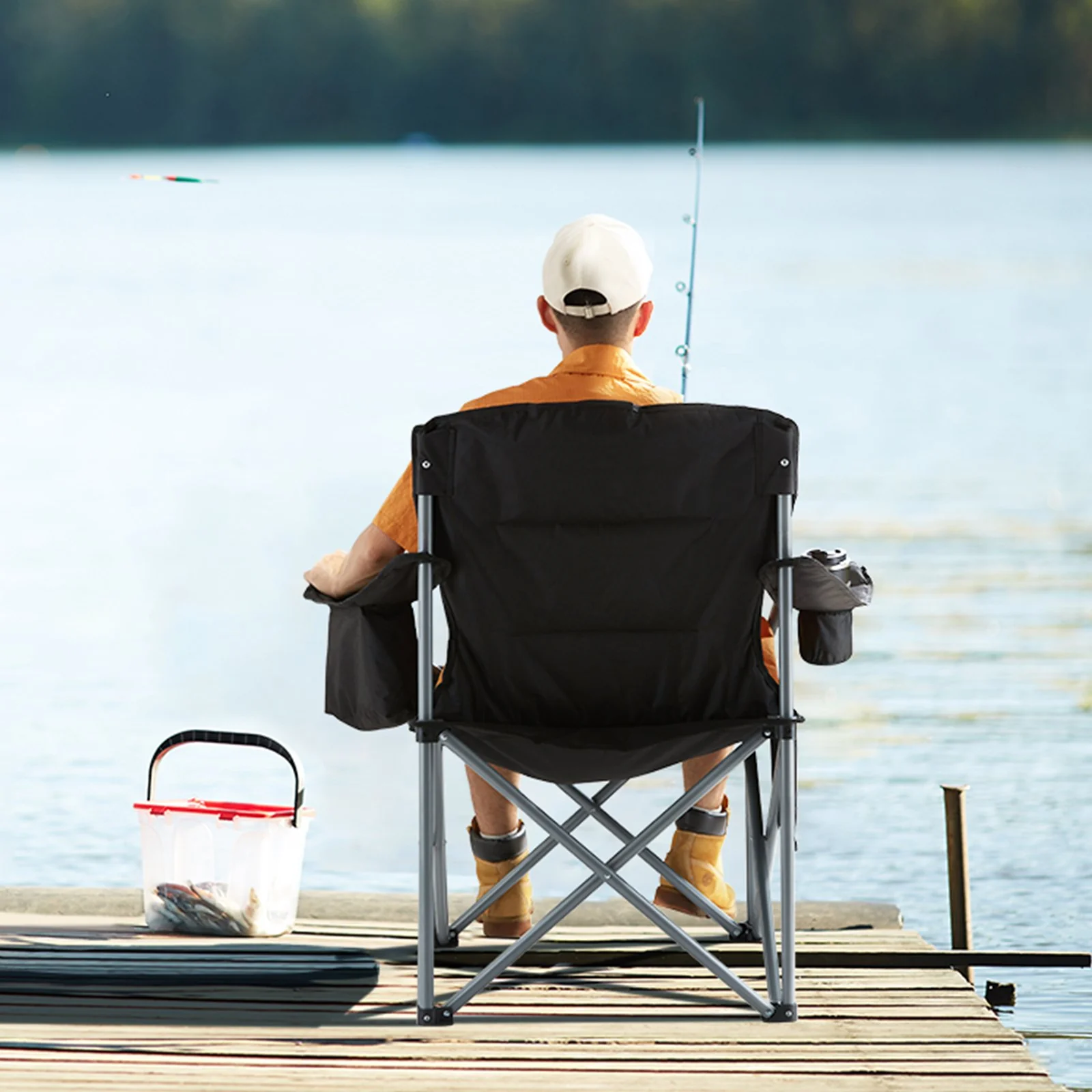 VEVOR Camping Folding Chair for Adults, Portable Heavy Duty Outdoor Quad Lumbar Back Padded Arm Chairs with Side Pockets, Cup Holder and Cooler Bag for Beach, Lawn, Picnic, Fishing, Backpacking, Black - Image 8