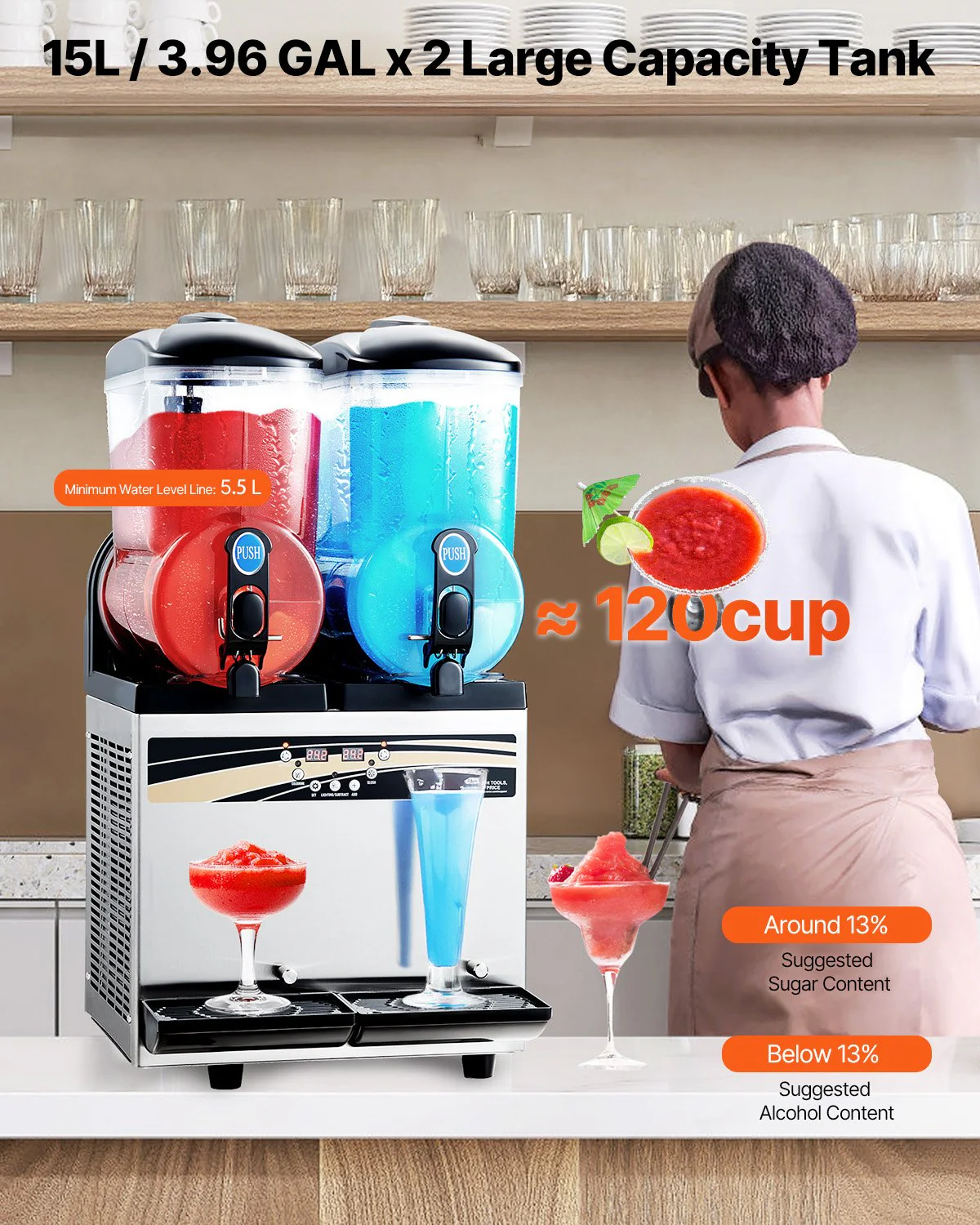 VEVOR Commercial Frozen Drink Maker, 15Lx2 Double Tank Slushy Machine, 120 Cups Stainless Steel Margarita Smoothie Frozen Drink Machine, Slushie Maker for Home Party Restaurants Cafe Bars - Image 2
