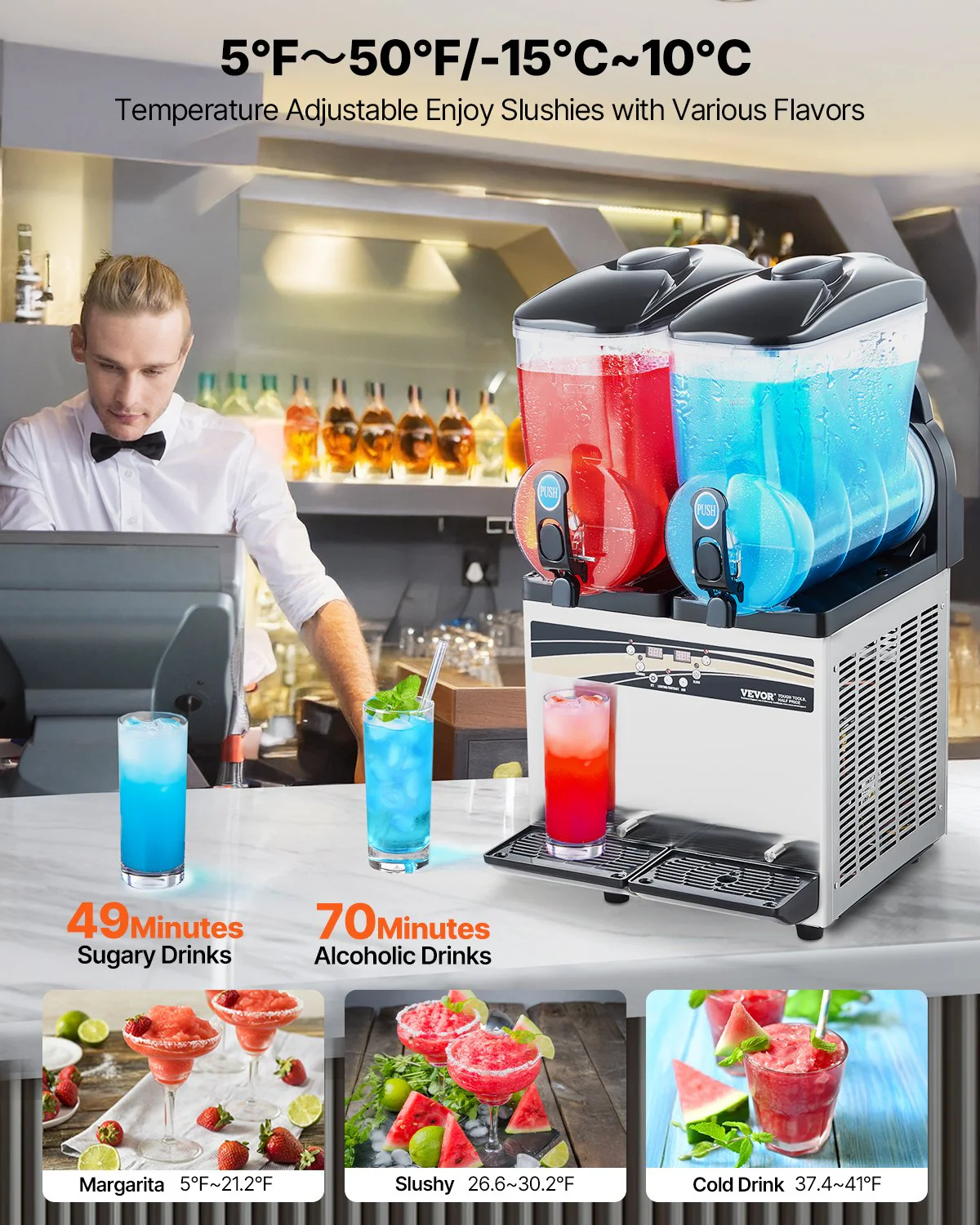 VEVOR Commercial Frozen Drink Maker, 15Lx2 Double Tank Slushy Machine, 120 Cups Stainless Steel Margarita Smoothie Frozen Drink Machine, Slushie Maker for Home Party Restaurants Cafe Bars - Image 3