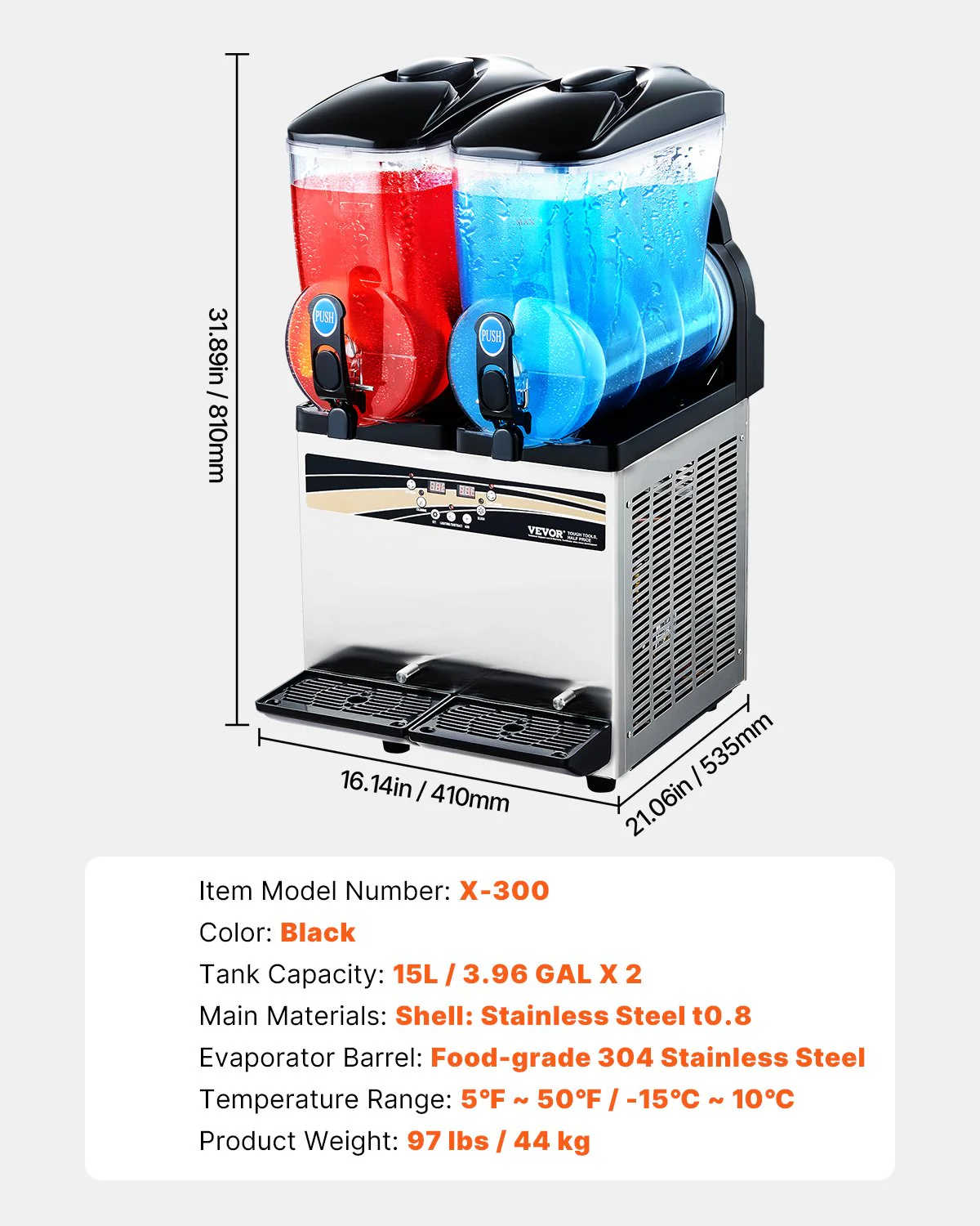VEVOR Commercial Frozen Drink Maker, 15Lx2 Double Tank Slushy Machine, 120 Cups Stainless Steel Margarita Smoothie Frozen Drink Machine, Slushie Maker for Home Party Restaurants Cafe Bars - Image 7