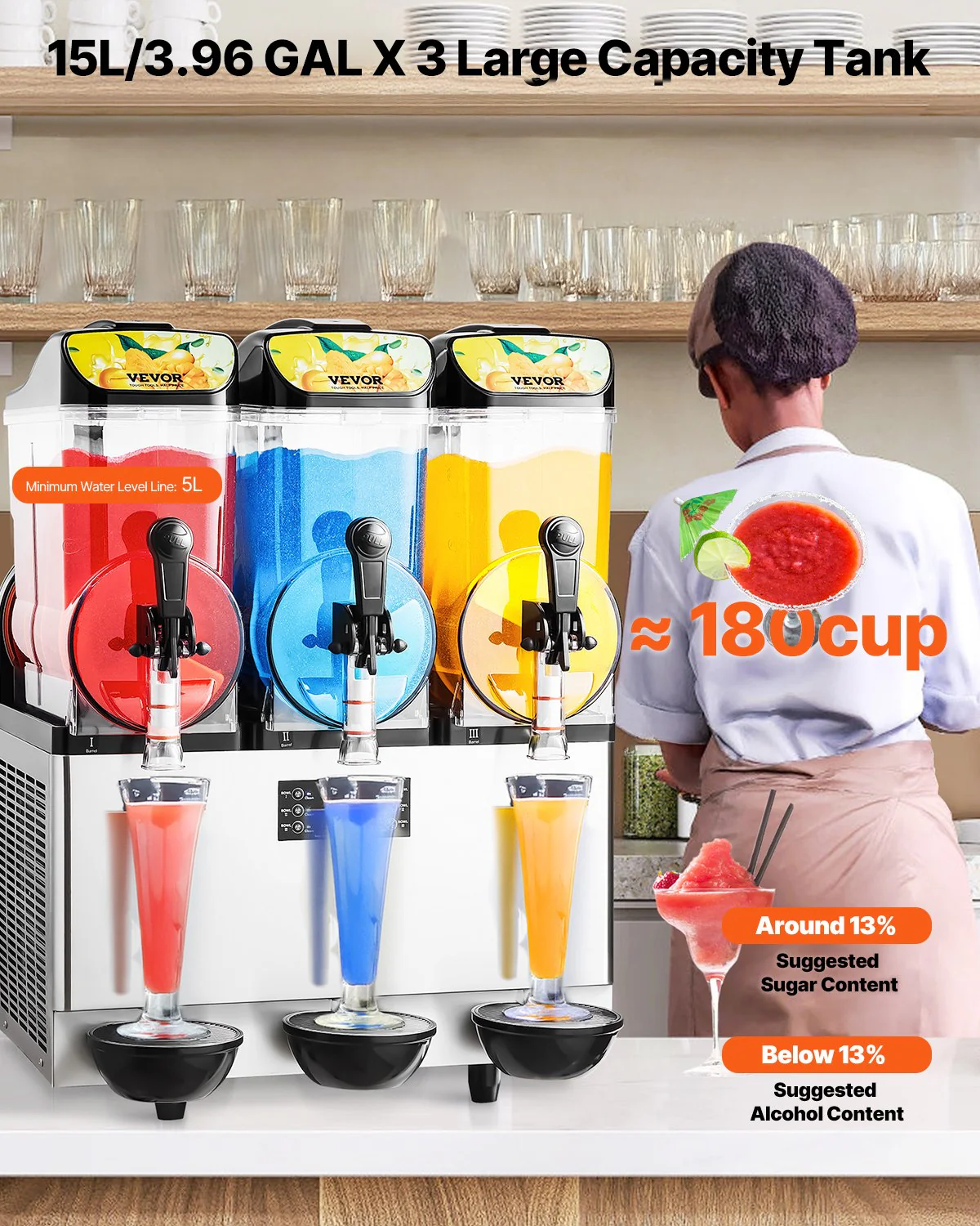 VEVOR Commercial Frozen Drink Maker, 15Lx3 Triple Tank Slushy Machine, 180 Cups Stainless Steel Margarita Smoothie Frozen Drink Machine, Slushie Maker for Home Party Restaurants Cafe Bars - Image 2