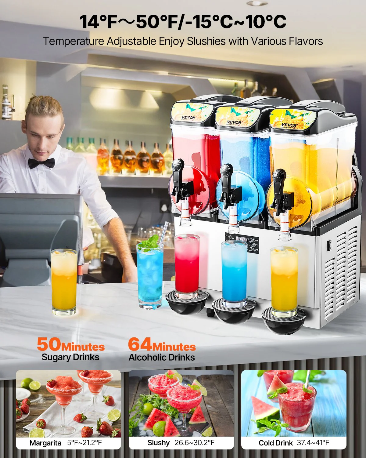 VEVOR Commercial Frozen Drink Maker, 15Lx3 Triple Tank Slushy Machine, 180 Cups Stainless Steel Margarita Smoothie Frozen Drink Machine, Slushie Maker for Home Party Restaurants Cafe Bars - Image 3