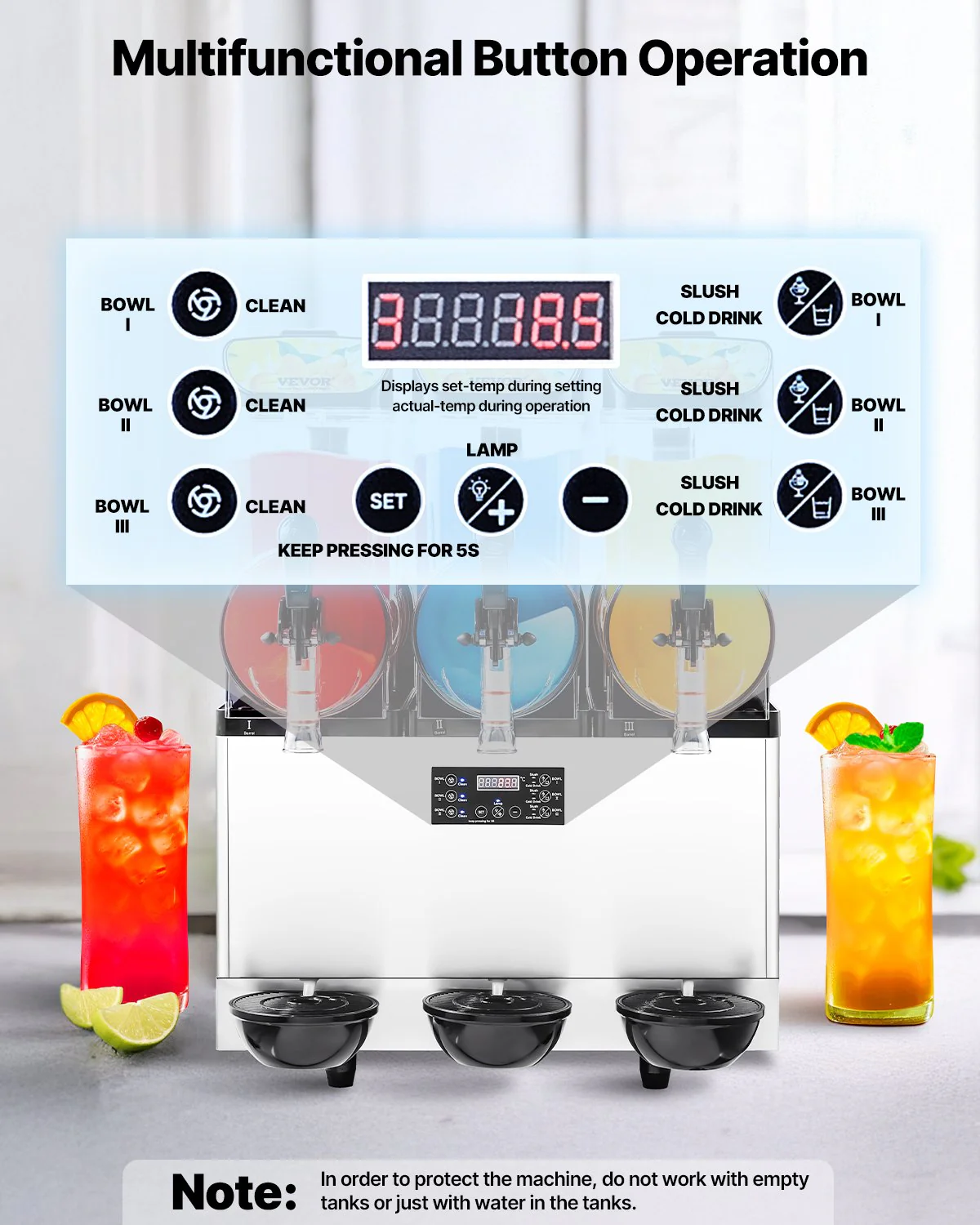 VEVOR Commercial Frozen Drink Maker, 15Lx3 Triple Tank Slushy Machine, 180 Cups Stainless Steel Margarita Smoothie Frozen Drink Machine, Slushie Maker for Home Party Restaurants Cafe Bars - Image 4
