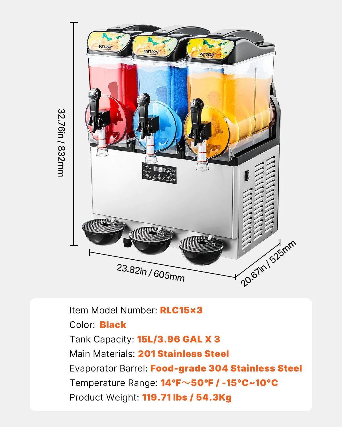 VEVOR Commercial Frozen Drink Maker, 15Lx3 Triple Tank Slushy Machine, 180 Cups Stainless Steel Margarita Smoothie Frozen Drink Machine, Slushie Maker for Home Party Restaurants Cafe Bars - Image 7