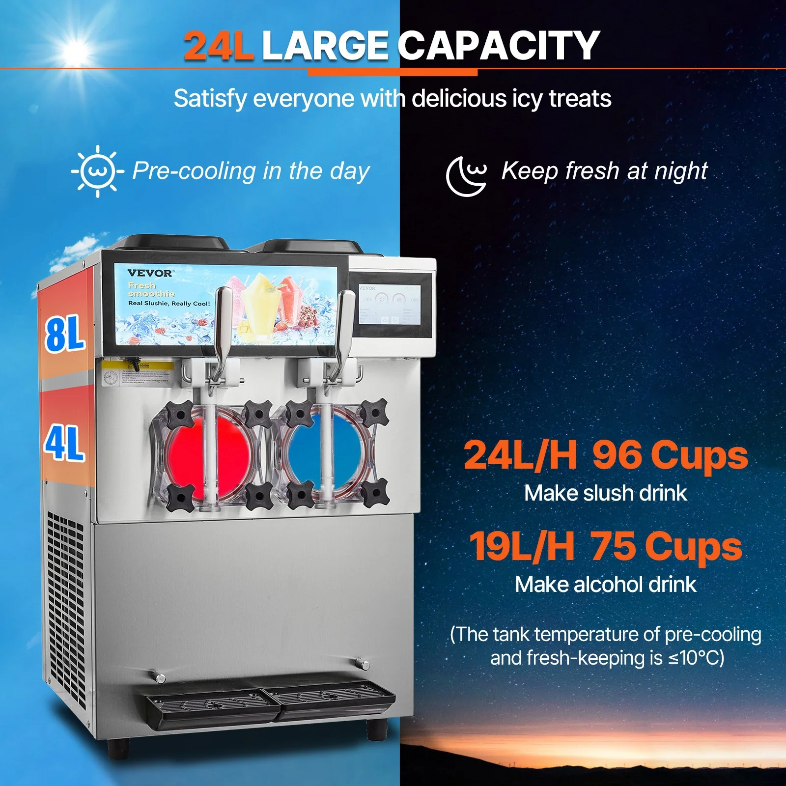 VEVOR Commercial Slushy Machine, 2 x 12L / 3.17 Gal Double Tanks, Cool and Freeze Modes, Stainless Steel Margarita Smoothie Frozen Drink Maker, Slushie Machine for Party Cafes Restaurants Bars Home - Image 3