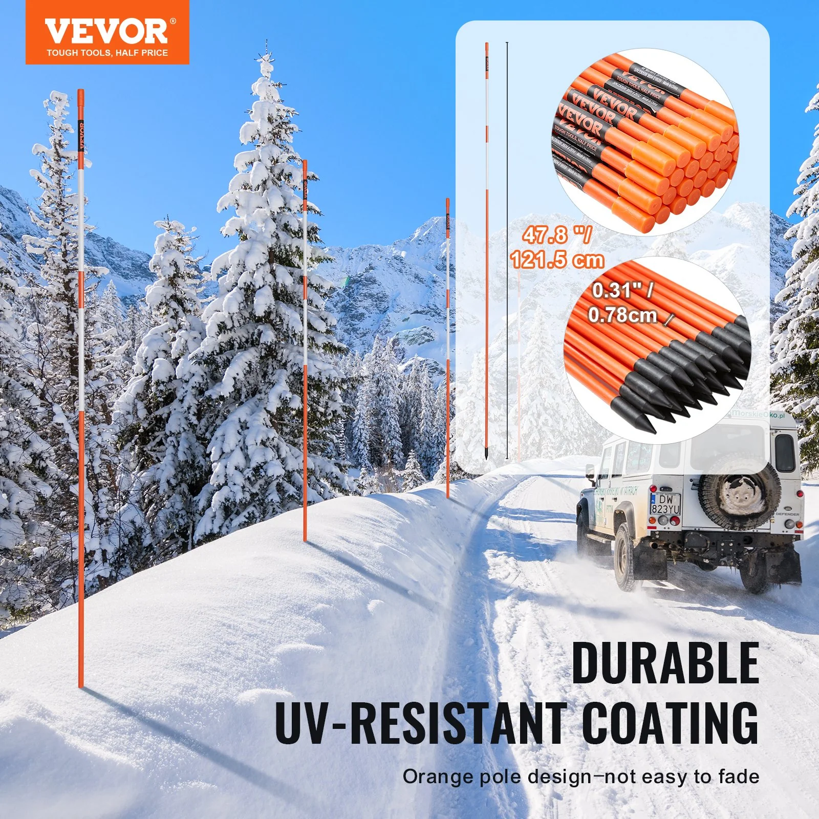 VEVOR Driveway Markers, 100PCS 121.5cm, 0.78cm Diameter, Orange Fiberglass Poles Snow Stakes with Reflective Tape, 30cm Steel Drill Bit & Protection Gloves for Parking Lots, Walkways Easy Visibility - Image 2