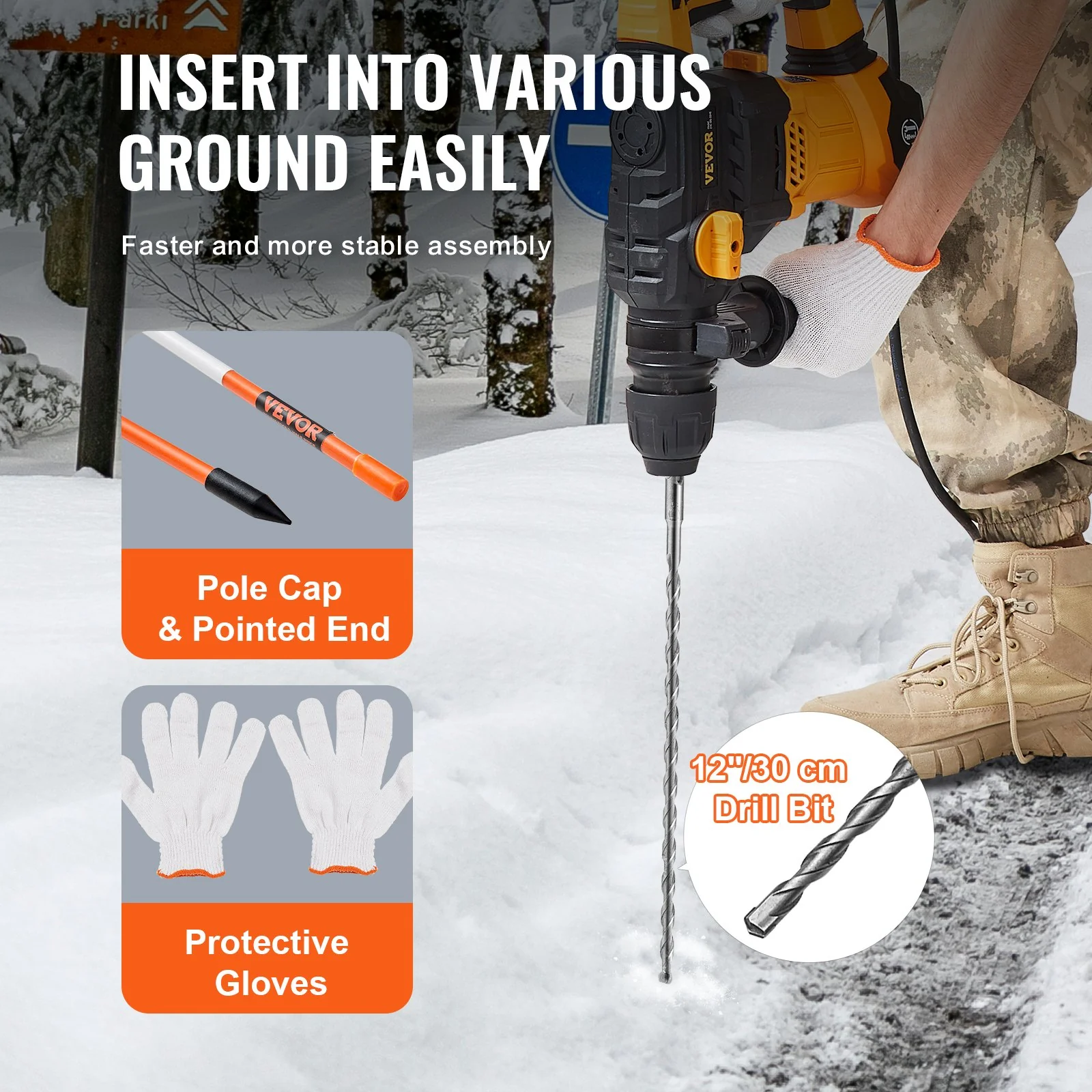 VEVOR Driveway Markers, 100PCS 121.5cm, 0.78cm Diameter, Orange Fiberglass Poles Snow Stakes with Reflective Tape, 30cm Steel Drill Bit & Protection Gloves for Parking Lots, Walkways Easy Visibility - Image 3