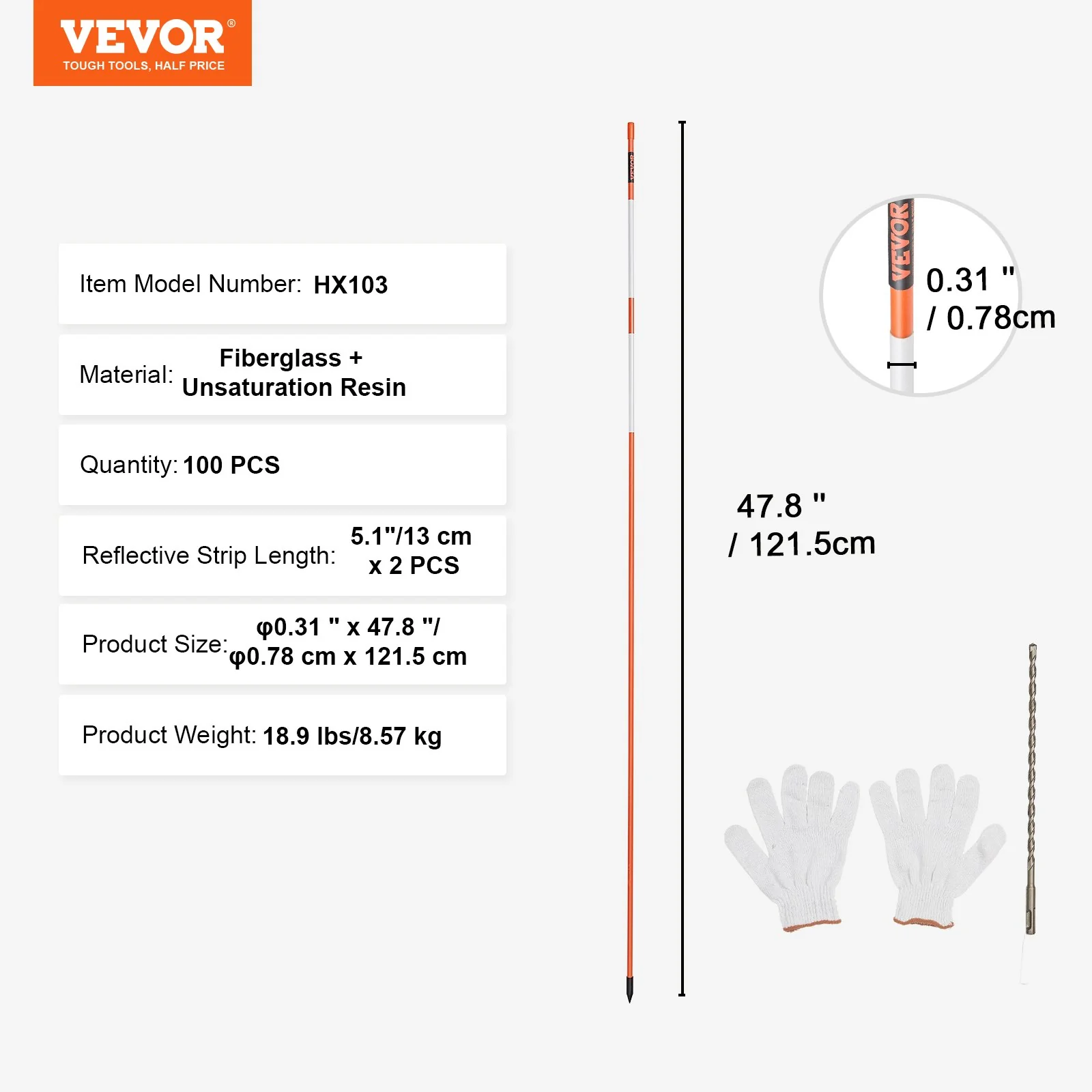 VEVOR Driveway Markers, 100PCS 121.5cm, 0.78cm Diameter, Orange Fiberglass Poles Snow Stakes with Reflective Tape, 30cm Steel Drill Bit & Protection Gloves for Parking Lots, Walkways Easy Visibility - Image 7
