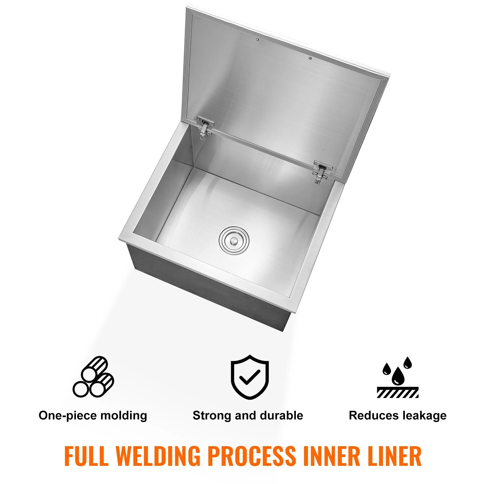 VEVOR Drop in Ice Chest, 28"L x 16"W x 17"H Stainless Steel Ice Cooler, Commercial Ice Bin with Hinged Cover, 40 qt Outdoor Kitchen Ice Bar, Drain-pipe and Drain Plug Included, for Cold Wine Beer - Image 4