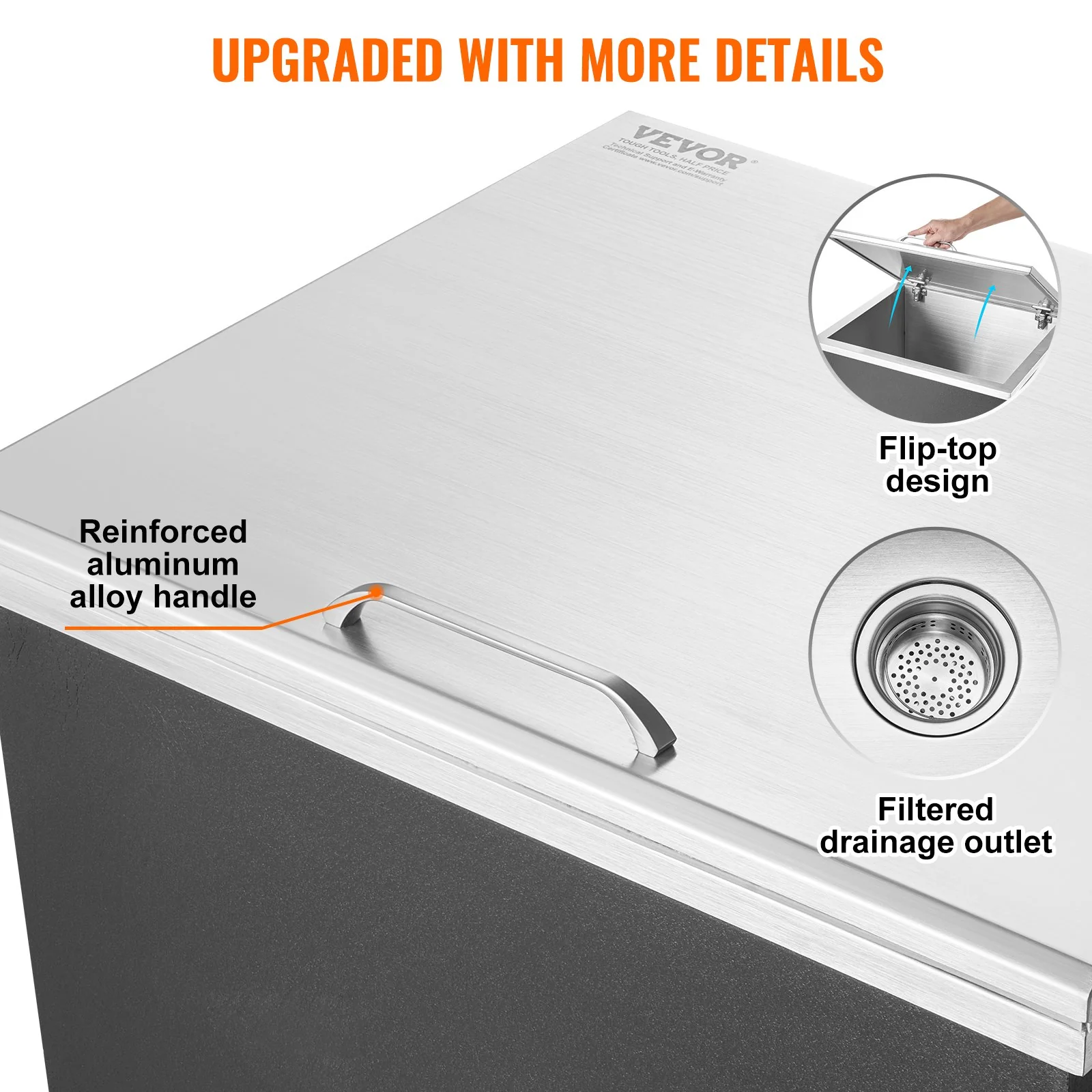 VEVOR Drop in Ice Chest, 28"L x 16"W x 17"H Stainless Steel Ice Cooler, Commercial Ice Bin with Hinged Cover, 40 qt Outdoor Kitchen Ice Bar, Drain-pipe and Drain Plug Included, for Cold Wine Beer - Image 5