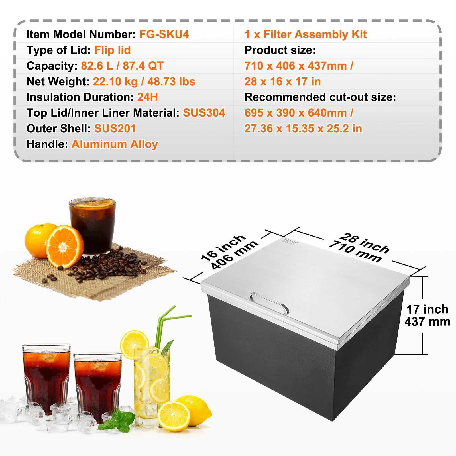 VEVOR Drop in Ice Chest, 28"L x 16"W x 17"H Stainless Steel Ice Cooler, Commercial Ice Bin with Hinged Cover, 40 qt Outdoor Kitchen Ice Bar, Drain-pipe and Drain Plug Included, for Cold Wine Beer - Image 7