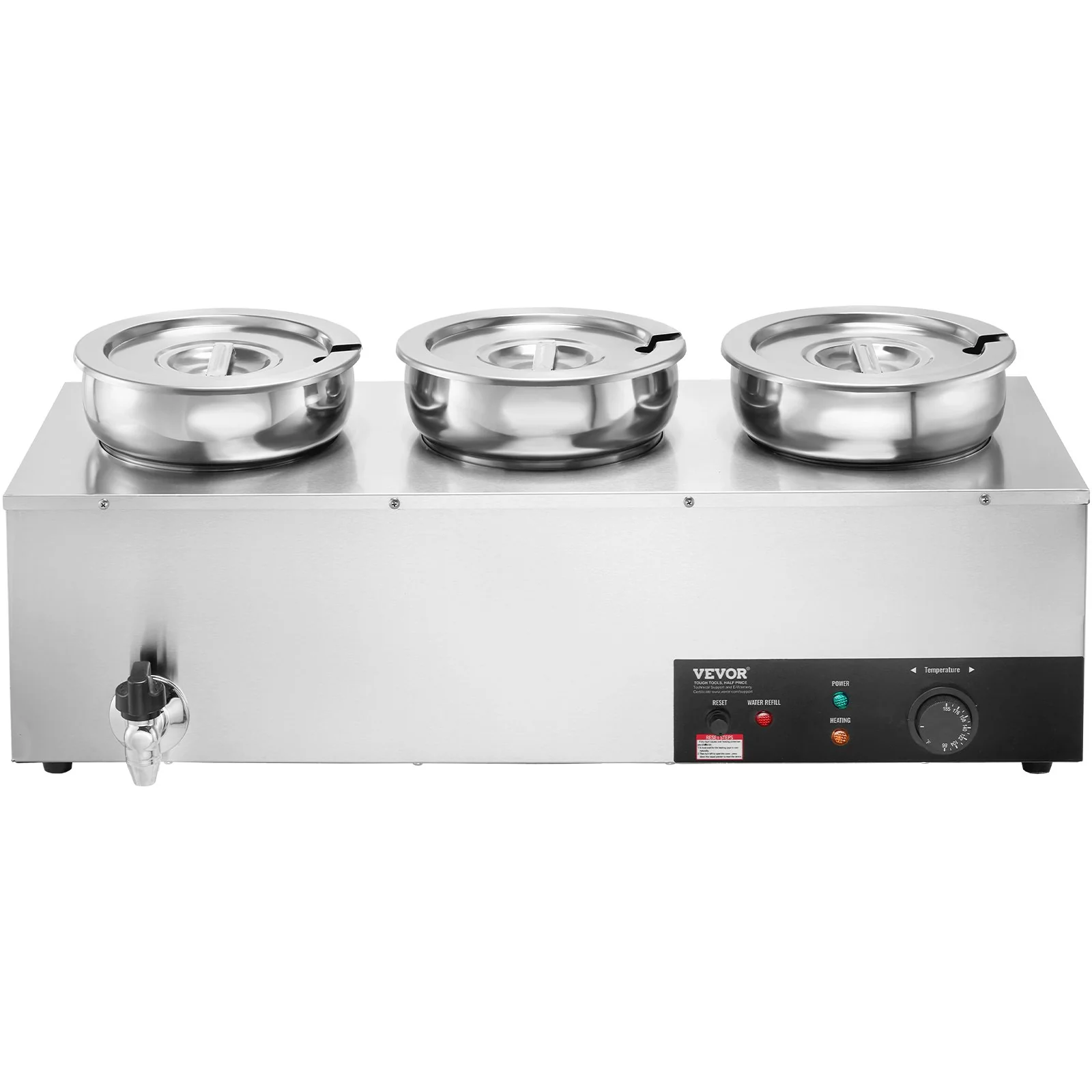 VEVOR Electric Soup Warmer, Three 7.4QT Stainless Steel Round Pot, 1200W Commercial Food Warmer, 30 - 85‚ÑÉ Adjustable Temp, Bain Marie with Anti-Dry Burn and Reset Button, for Restaurant, Buffet - Image 10