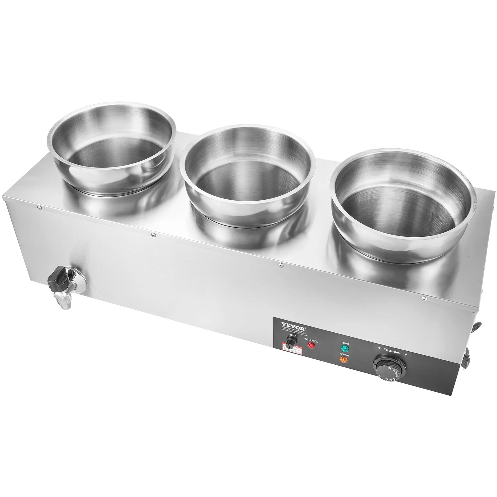 VEVOR Electric Soup Warmer, Three 7.4QT Stainless Steel Round Pot, 1200W Commercial Food Warmer, 30 - 85‚ÑÉ Adjustable Temp, Bain Marie with Anti-Dry Burn and Reset Button, for Restaurant, Buffet - Image 11