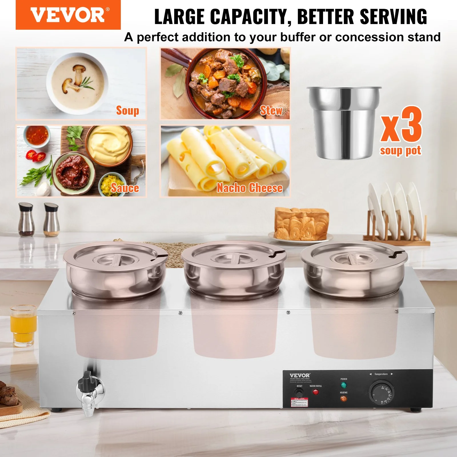 VEVOR Electric Soup Warmer, Three 7.4QT Stainless Steel Round Pot, 1200W Commercial Food Warmer, 30 - 85‚ÑÉ Adjustable Temp, Bain Marie with Anti-Dry Burn and Reset Button, for Restaurant, Buffet - Image 2