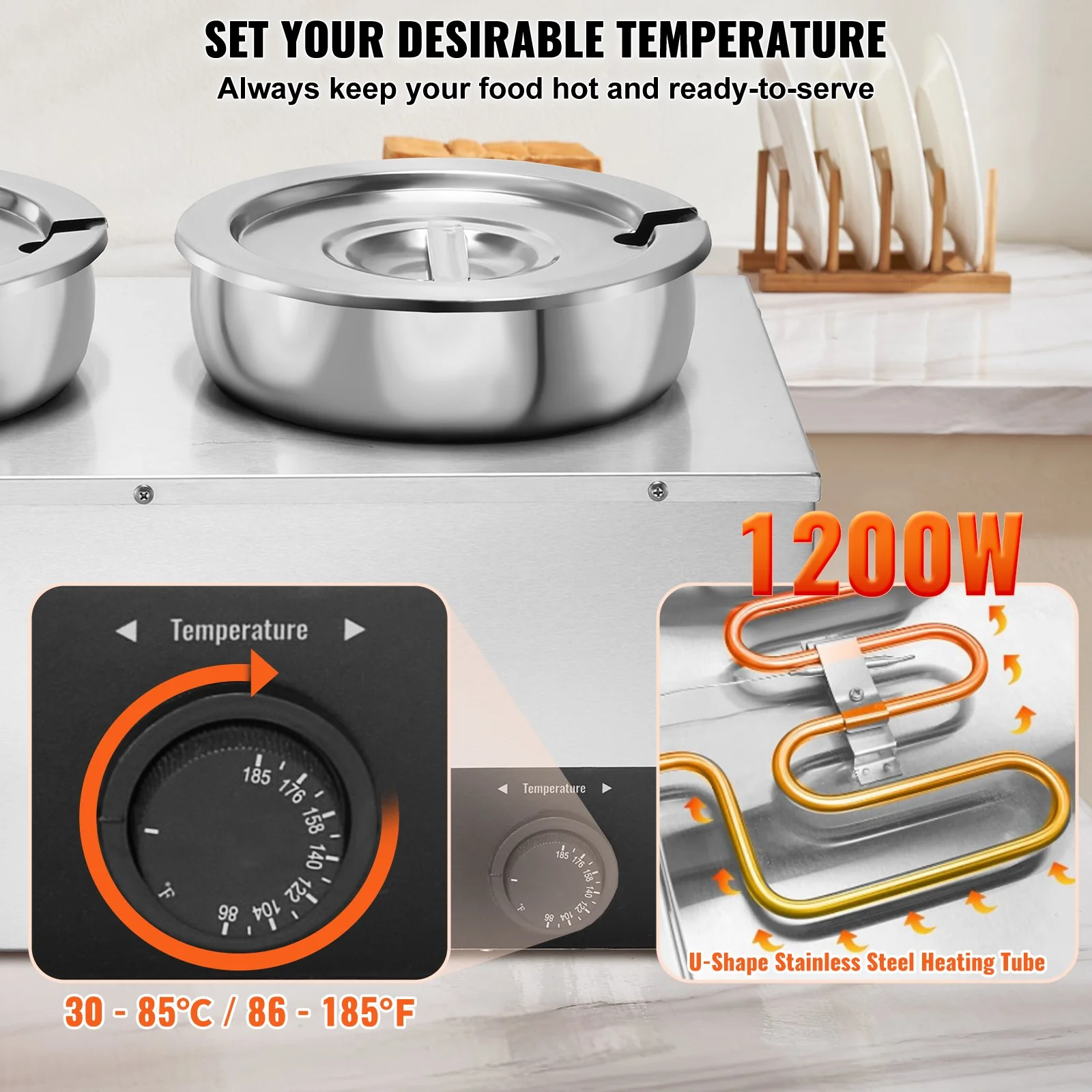 VEVOR Electric Soup Warmer, Three 7.4QT Stainless Steel Round Pot, 1200W Commercial Food Warmer, 30 - 85‚ÑÉ Adjustable Temp, Bain Marie with Anti-Dry Burn and Reset Button, for Restaurant, Buffet - Image 3