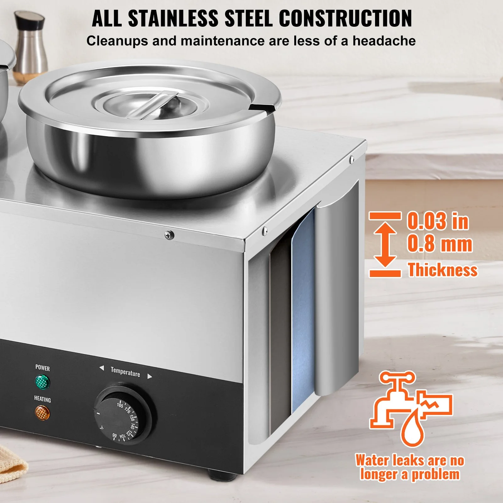 VEVOR Electric Soup Warmer, Three 7.4QT Stainless Steel Round Pot, 1200W Commercial Food Warmer, 30 - 85‚ÑÉ Adjustable Temp, Bain Marie with Anti-Dry Burn and Reset Button, for Restaurant, Buffet - Image 5