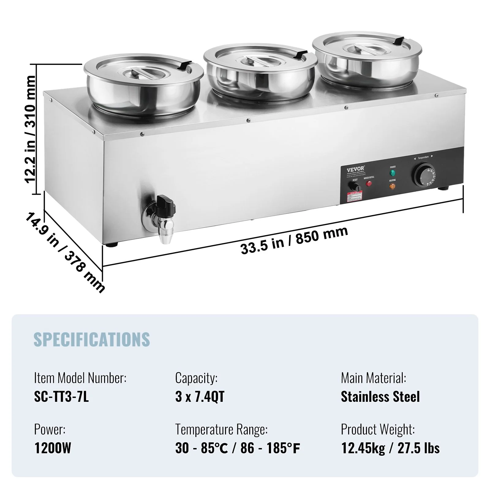 VEVOR Electric Soup Warmer, Three 7.4QT Stainless Steel Round Pot, 1200W Commercial Food Warmer, 30 - 85‚ÑÉ Adjustable Temp, Bain Marie with Anti-Dry Burn and Reset Button, for Restaurant, Buffet - Image 7