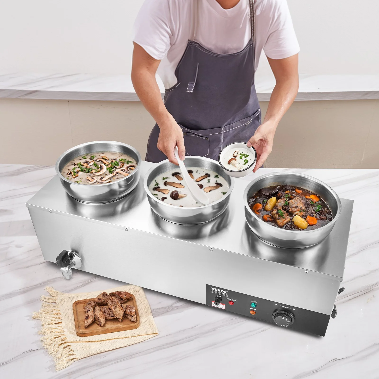 VEVOR Electric Soup Warmer, Three 7.4QT Stainless Steel Round Pot, 1200W Commercial Food Warmer, 30 - 85‚ÑÉ Adjustable Temp, Bain Marie with Anti-Dry Burn and Reset Button, for Restaurant, Buffet - Image 8
