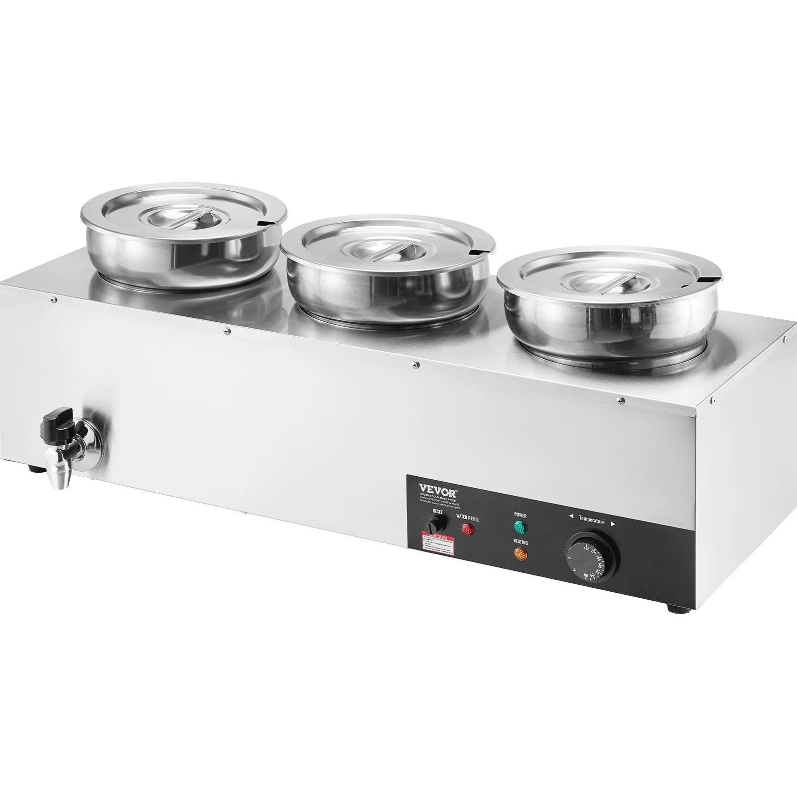 VEVOR Electric Soup Warmer, Three 7.4QT Stainless Steel Round Pot, 1200W Commercial Food Warmer, 30 - 85‚ÑÉ Adjustable Temp, Bain Marie with Anti-Dry Burn and Reset Button, for Restaurant, Buffet - Image 9